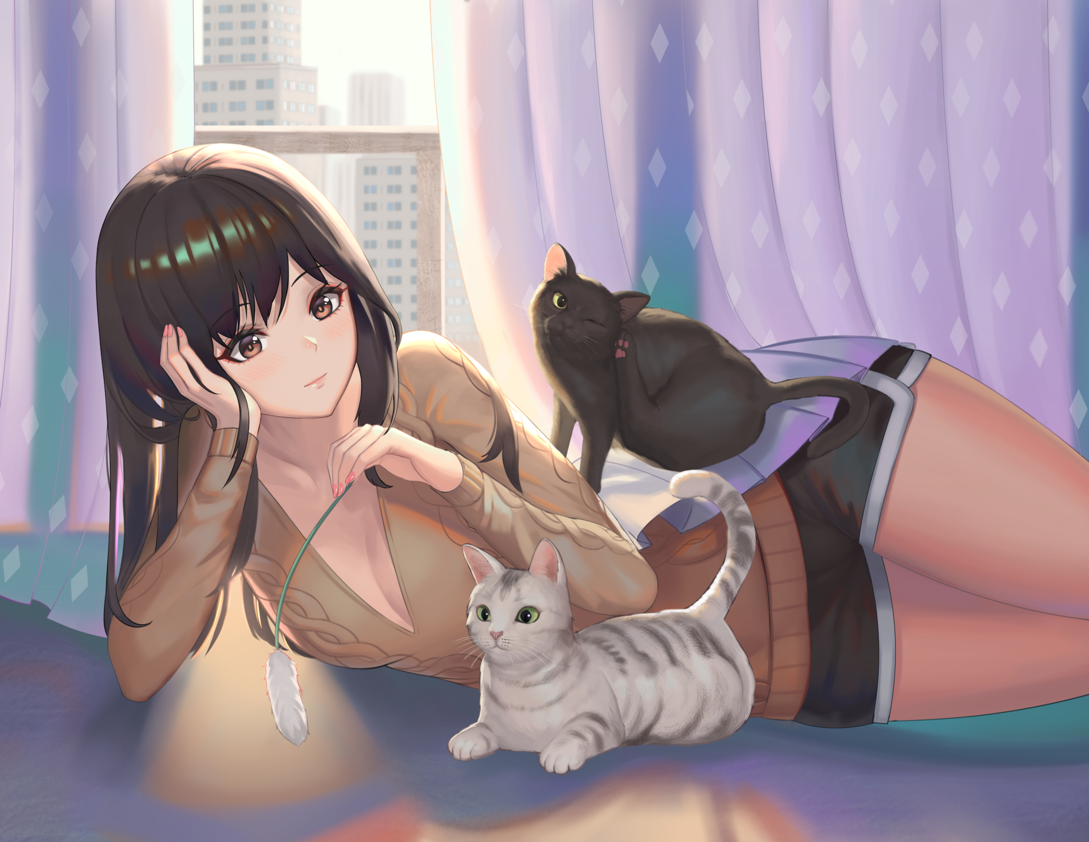 Anime 2203x1704 cats shorts sweater anime girls brunette brown eyes MoonAndMist lying on side