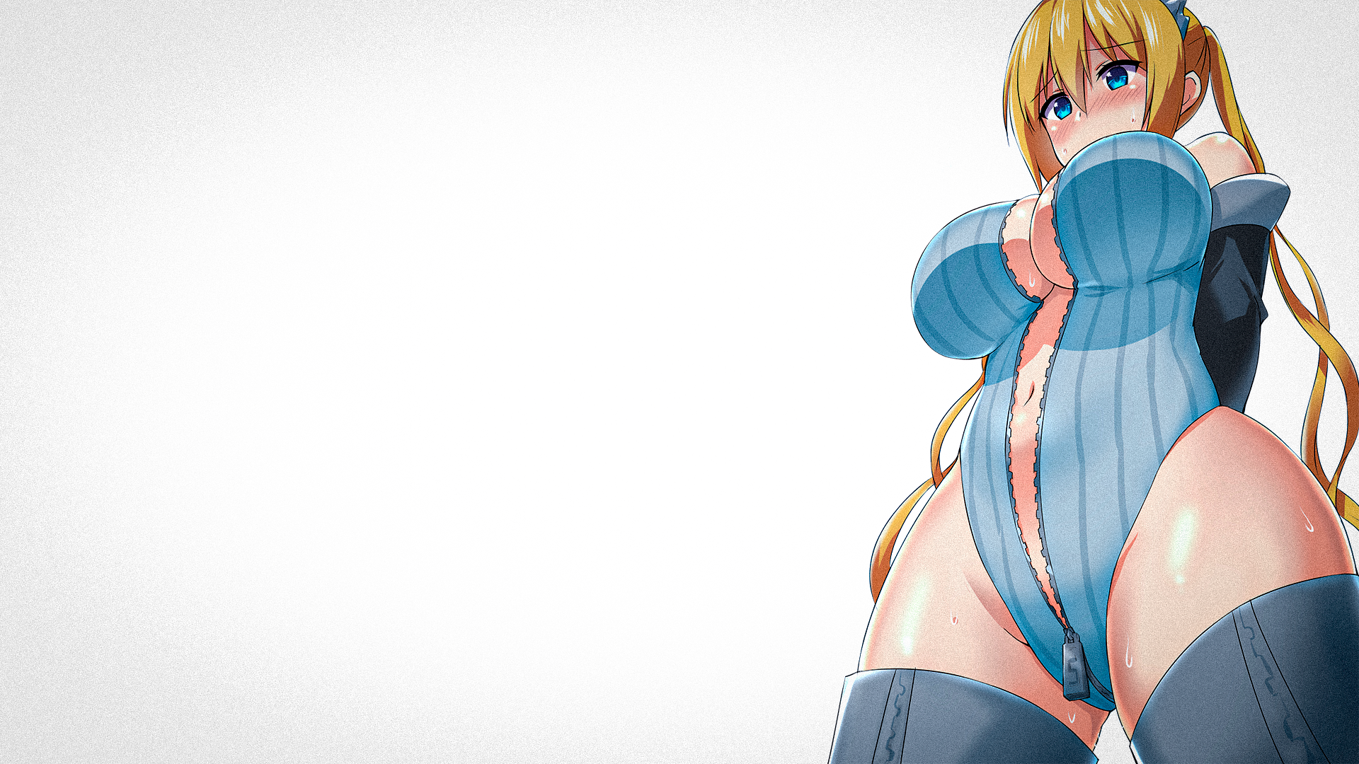 Anime 1920x1080 anime anime girls Hinata Kaho big boobs underboob leotard thigh-highs no bra BLEND-S low-angle unzipped looking below embarrassed ponytail arm(s) behind back white background bright