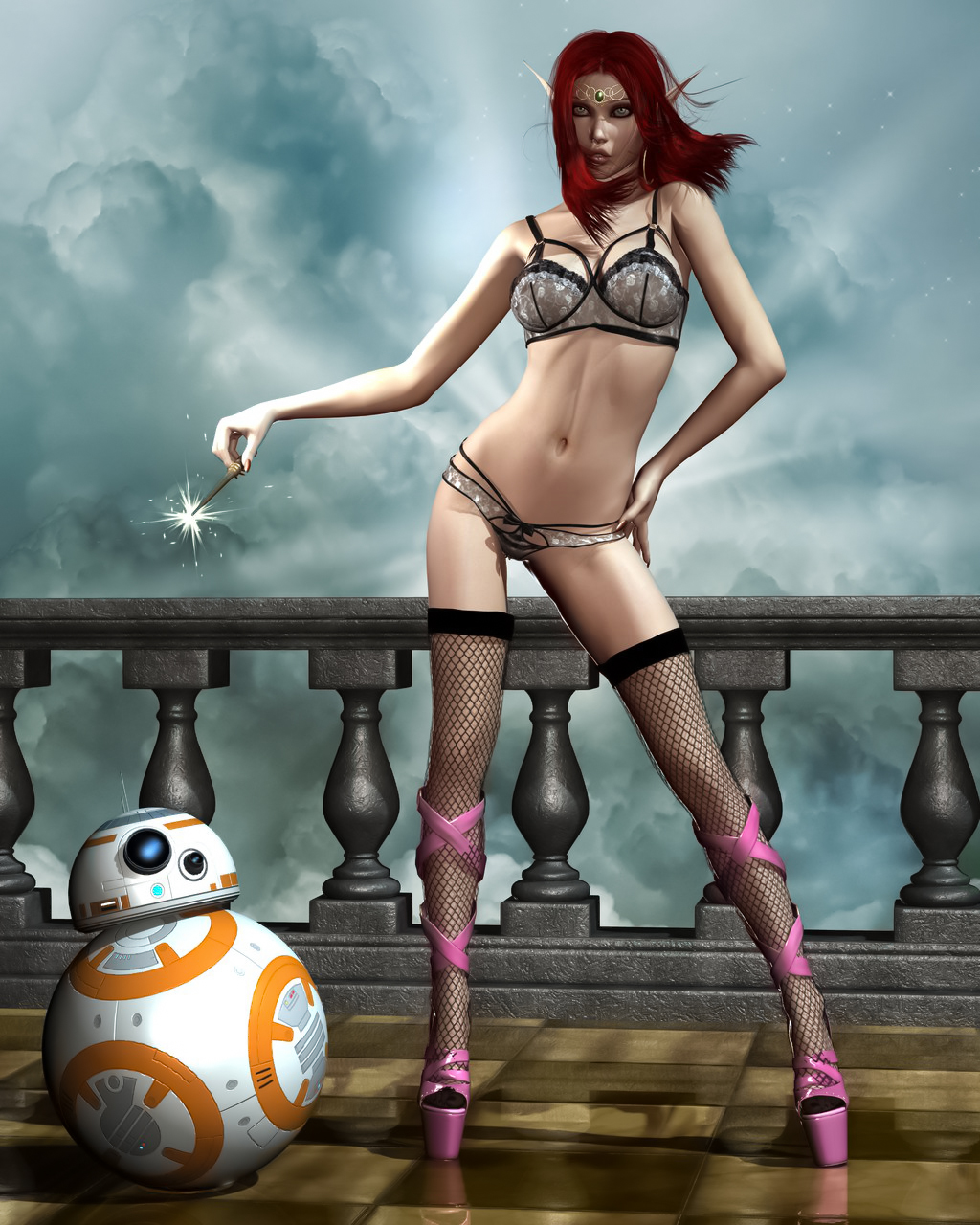 General 1024x1280 Evinessa CGI women elves redhead Star Wars Droids thigh-highs lingerie bra fishnet pink straps fence clouds