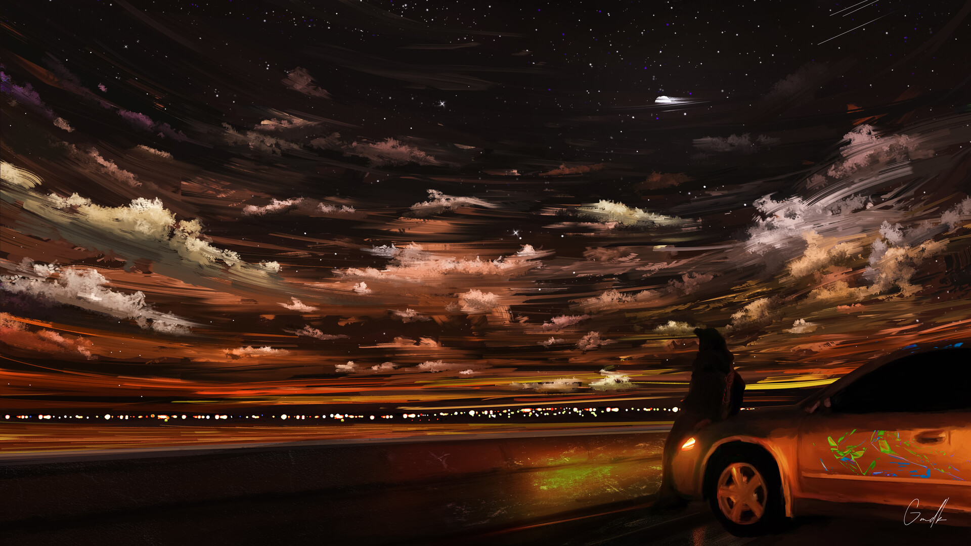 General 1920x1080 digital art lights water night stars clouds ArtStation sky dark vehicle artwork