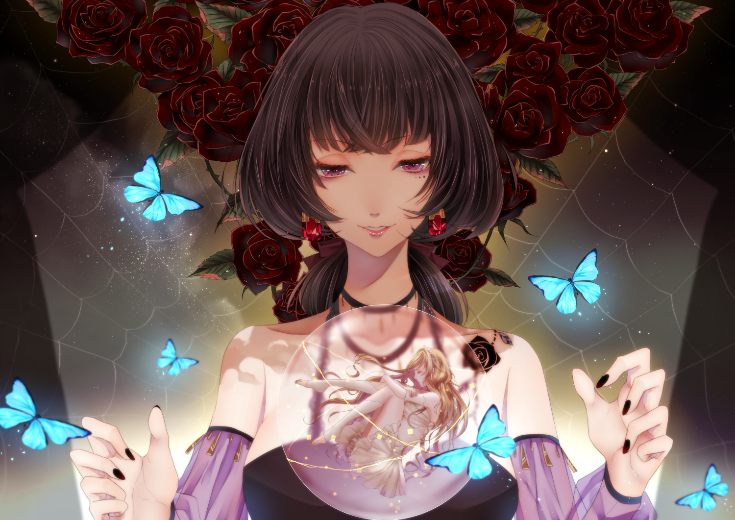 Anime 1500x1061 anime anime girls long hair brunette red eyes spiderwebs black nails long nails tattoo earring women butterfly painted nails rose plants Pixiv