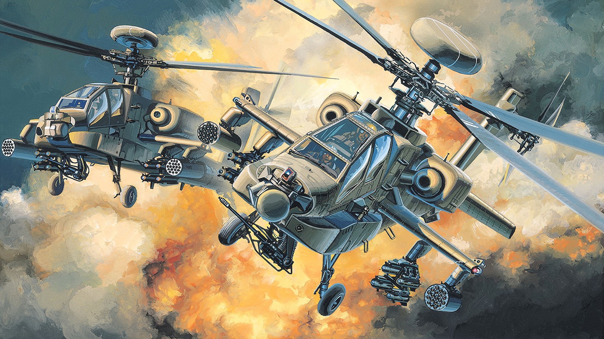 General 1920x1080 artwork military military aircraft helicopters United States Army Boxart American aircraft Boeing pilot attack helicopters sky Boeing AH-64 Apache Masao Satake frontal view men flying vehicle aircraft