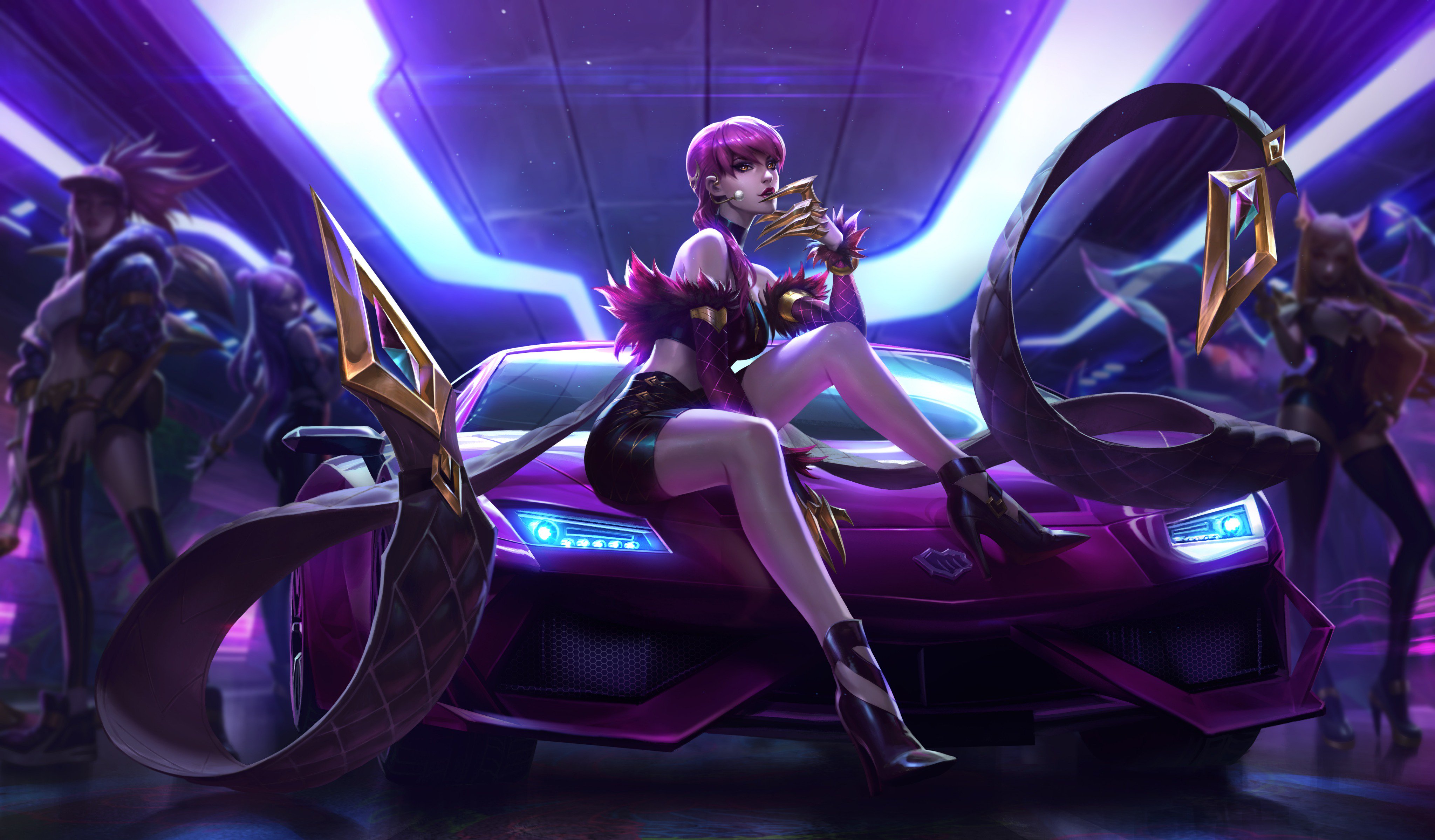 General 4095x2398 League of Legends K/DA video game girls legs purple hair PC gaming artwork women with cars car vehicle video game art