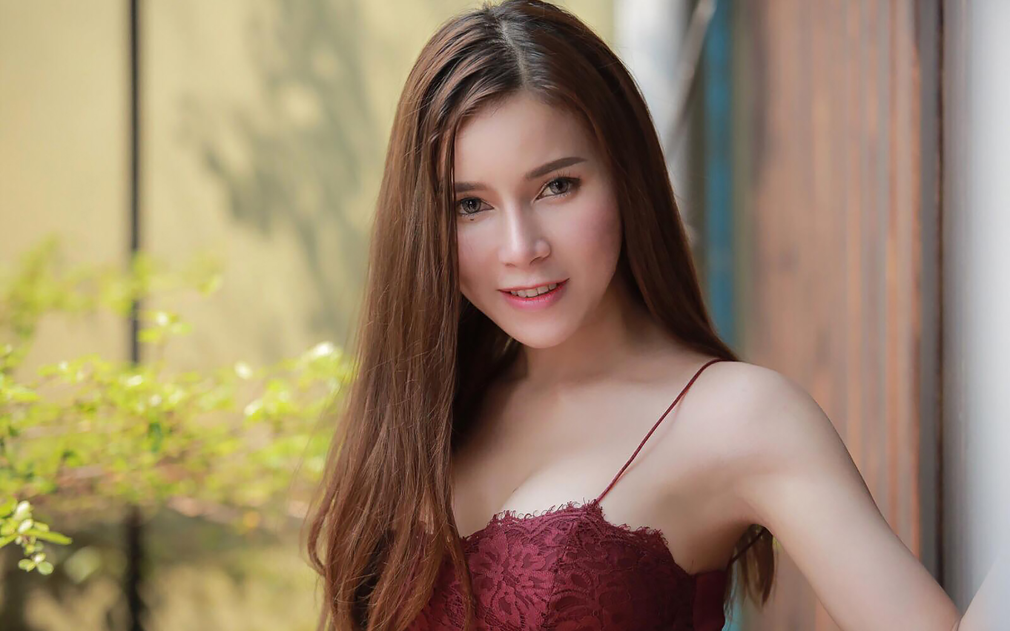 People 2048x1280 Lanchakorn Yeunyaw Thailand model Asian model brunette women face fake iris long hair tank top
