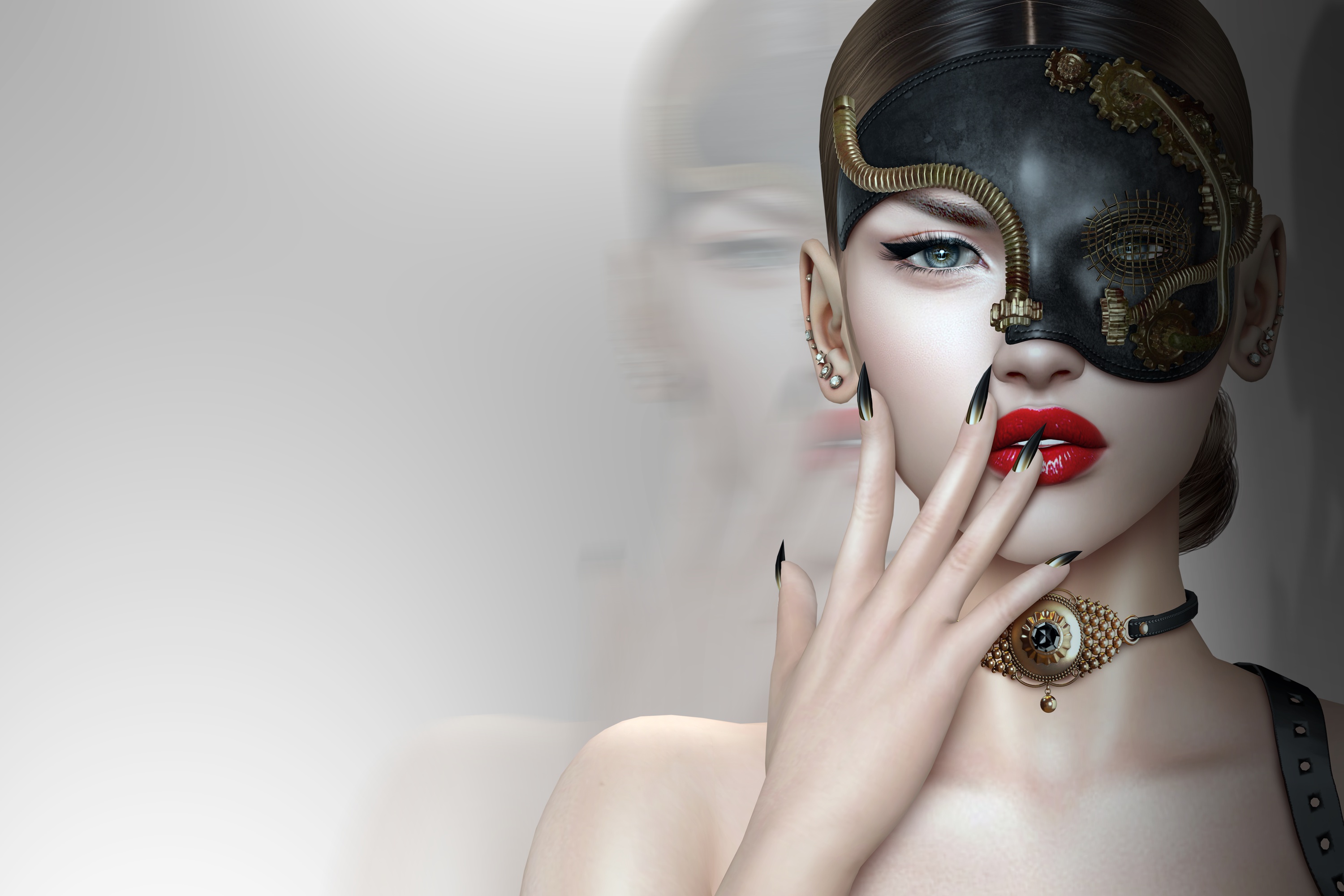 General 3000x2000 women mask face blue eyes mouth lipstick red lipstick black nails bare shoulders finger on lips CGI digital art artwork simple background collar