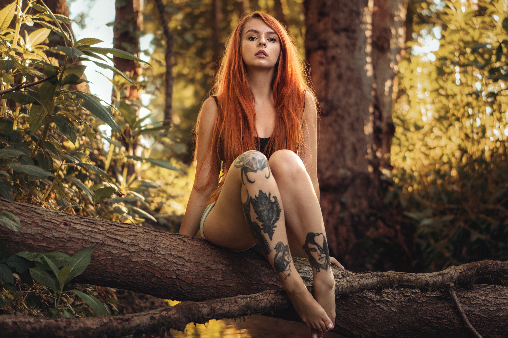 People 2048x1365 women Martin Kühn women outdoors legs tattoo nature forest barefoot redhead