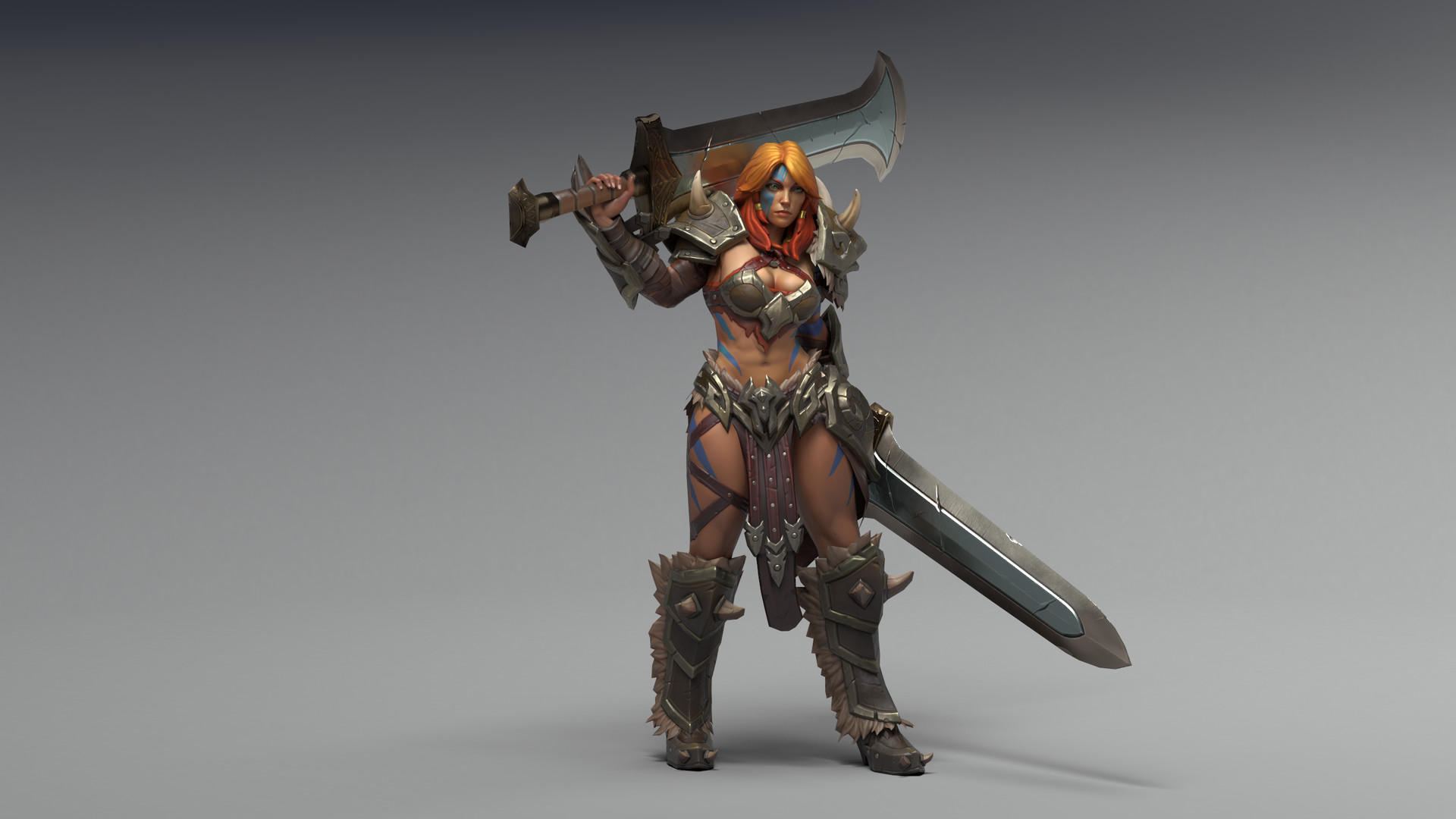 General 1920x1080 barbarian sword armor Diablo 3: Reaper of Souls Diablo III tattoo gray background long hair redhead women green eyes CGI video games fantasy girl female warrior