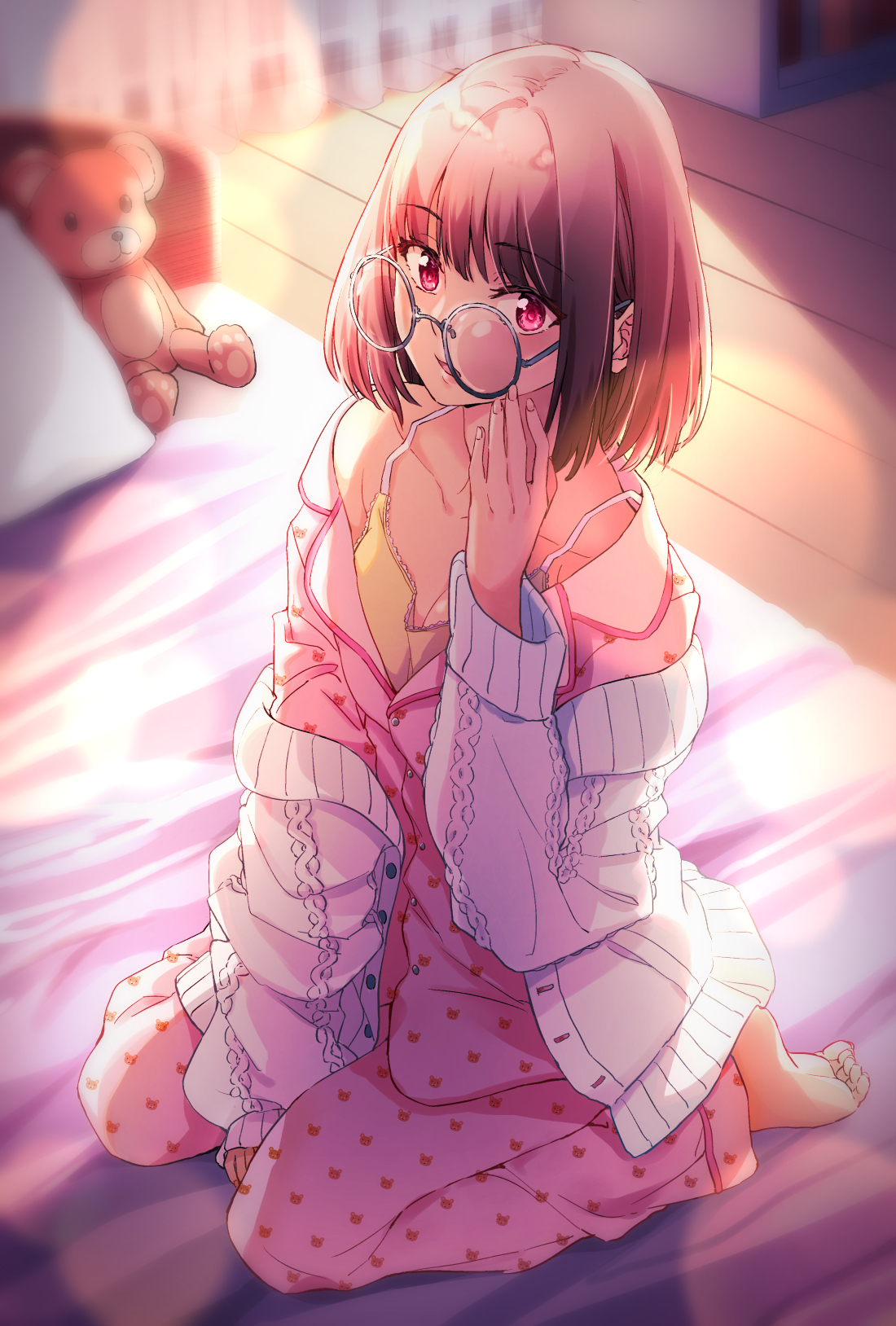 Anime 1100x1628 anime anime girls glasses red eyes kneeling teddy bears in bed brunette pyjamas feet