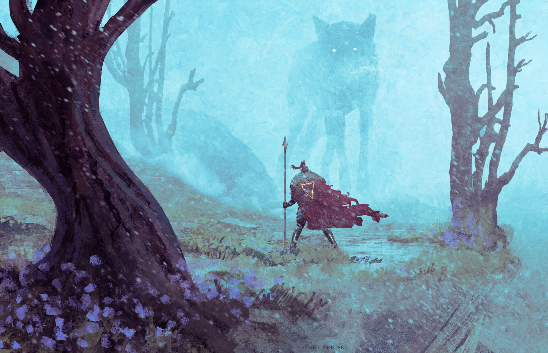 General 1920x1236 fantasy art wolf forest spear mist warrior cape creature trees cyan Anato Finnstark digital art