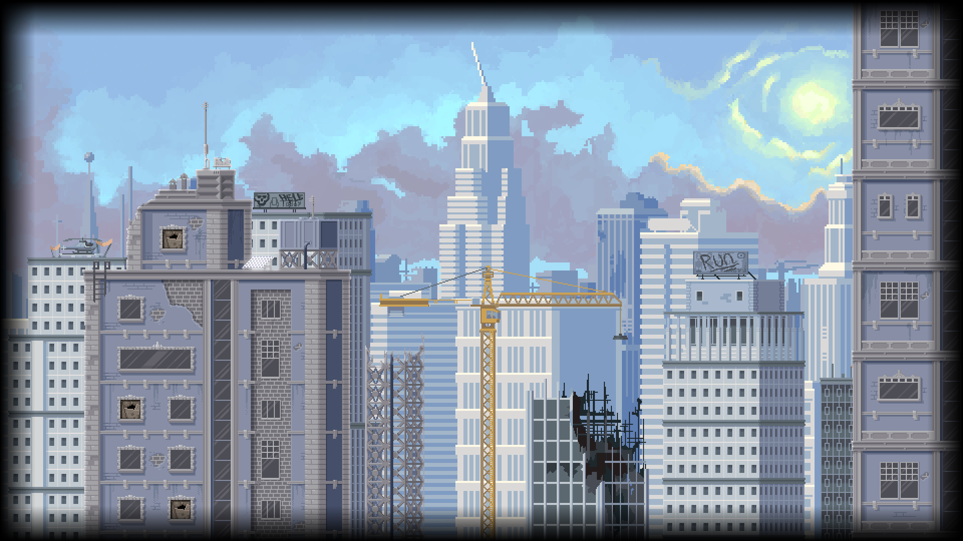 General 1920x1080 pixels pixel art pixelated building skyscraper cityscape cranes (machine) clouds digital art