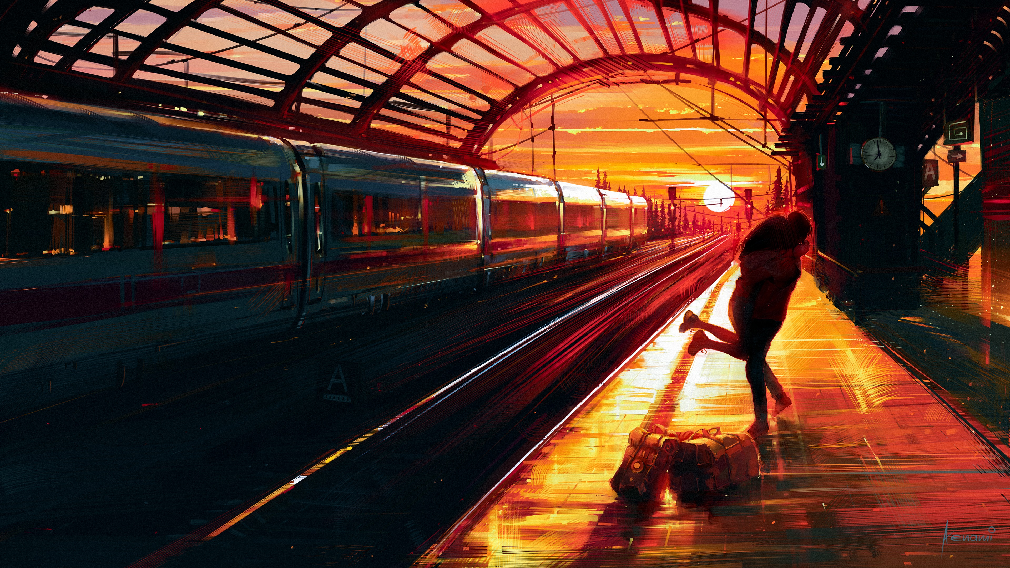 General 3840x2160 Aenami women train station sunset painting train artwork