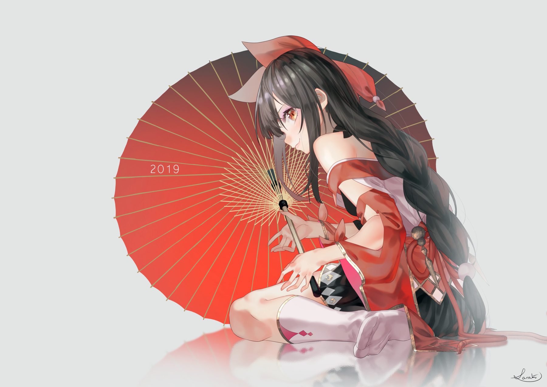 Anime 1800x1273 anime girls anime dark hair 2019 (year) umbrella kneeling long hair
