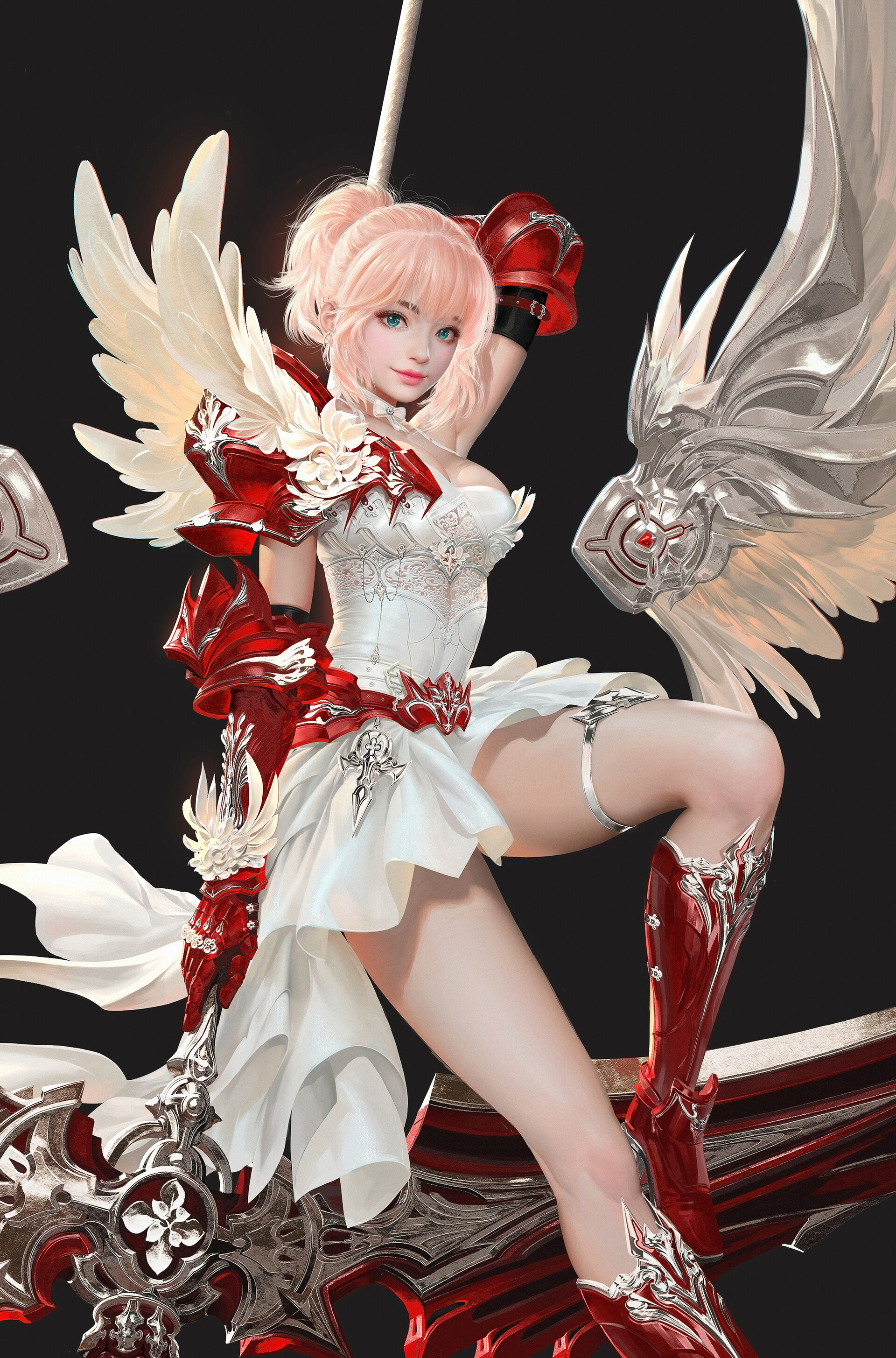 General 1920x2909 drawing women pink hair smiling blue eyes wings weapon armor knee-high boots skirt looking at viewer pink lipstick legs fantasy girl scythe fantasy weapon