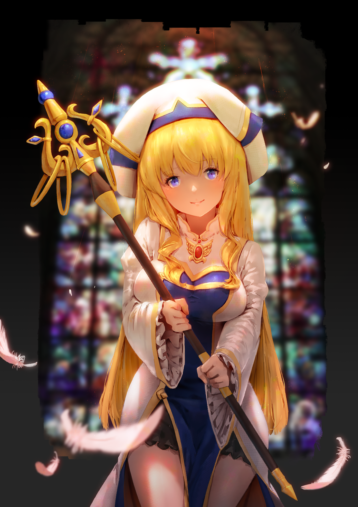 Anime 1240x1754 Goblin Slayer anime girls long hair looking at viewer feathers blue eyes Priestess (Goblin Slayer) fan art 2D portrait display thigh-highs big boobs frontal view blonde