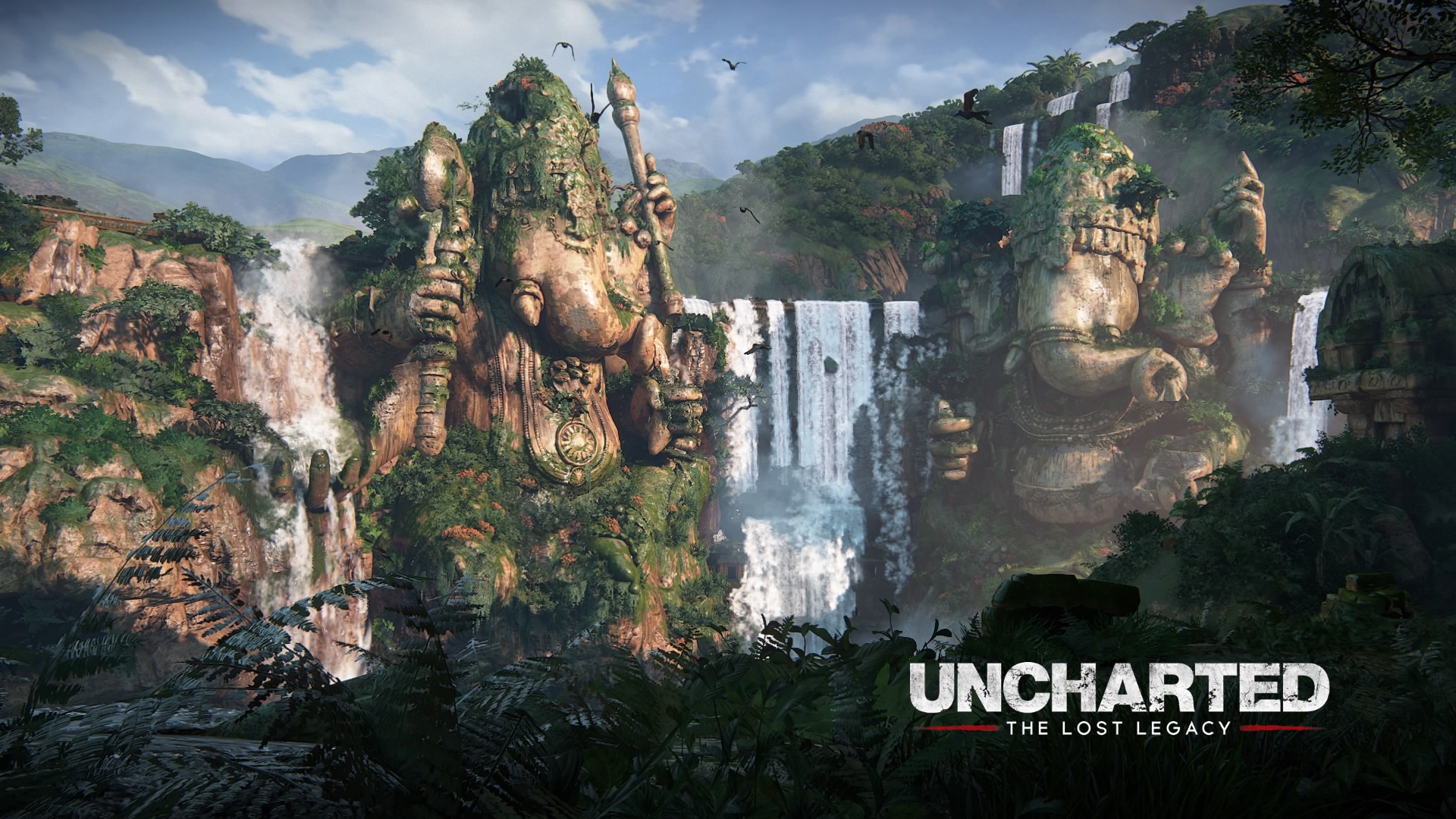 General 1920x1080 Uncharted : The Lost Legacy video games uncharted  Naughty Dog Ganesh Indian God water waterfall video game art sunlight statue title nature birds sky clouds leaves forest