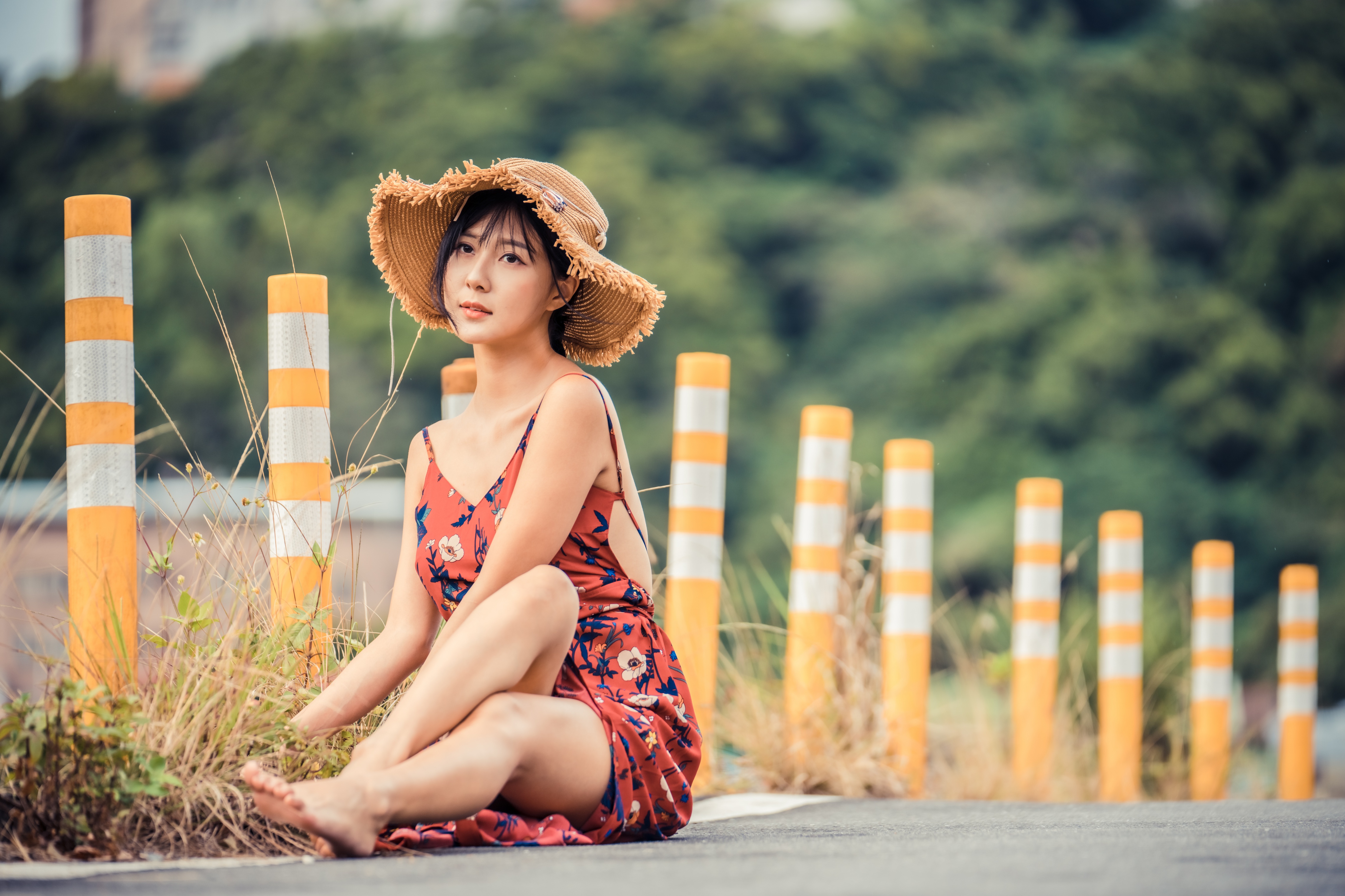 People 4562x3041 road model hat barefoot women Asian women outdoors sitting