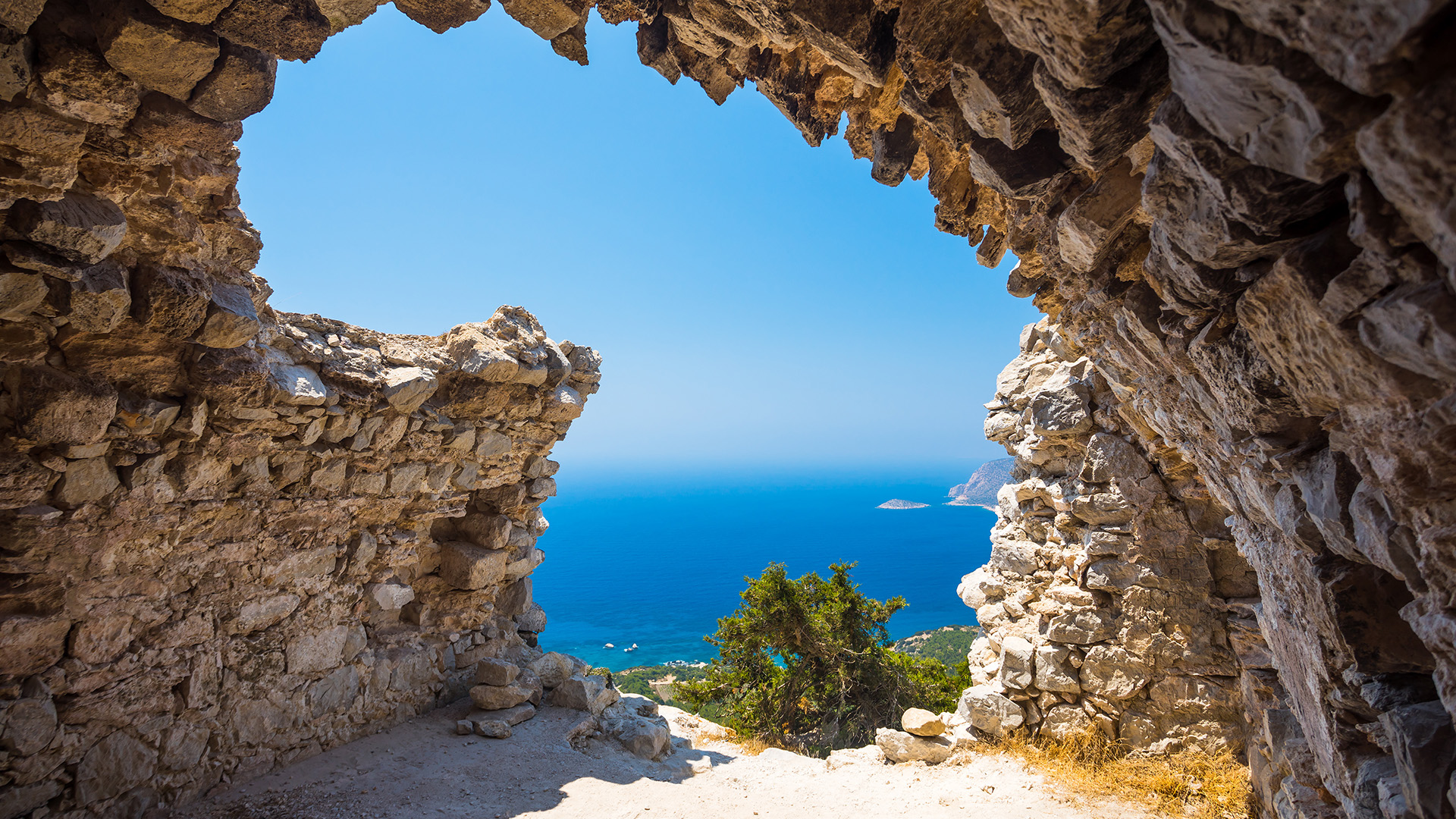 General 1920x1080 rocks cave trees horizon clear sky sky sea Greece Aegean Sea Monolithos Rhodes castle