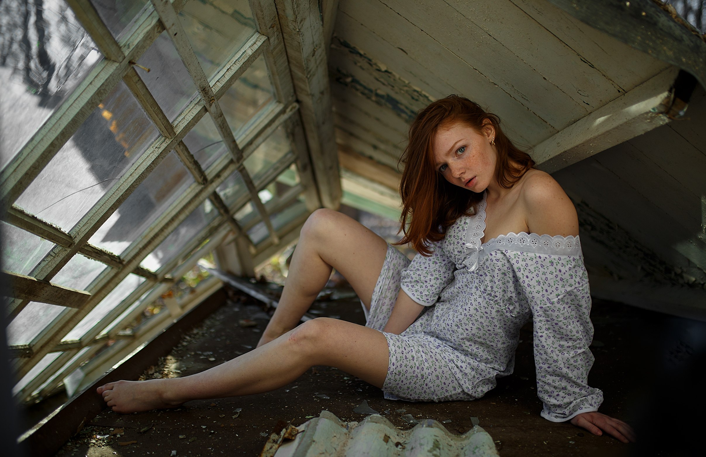 People 2415x1565 Sergey Nevzorov redhead women model looking at viewer dress abandoned freckles sitting bare shoulders on the floor barefoot
