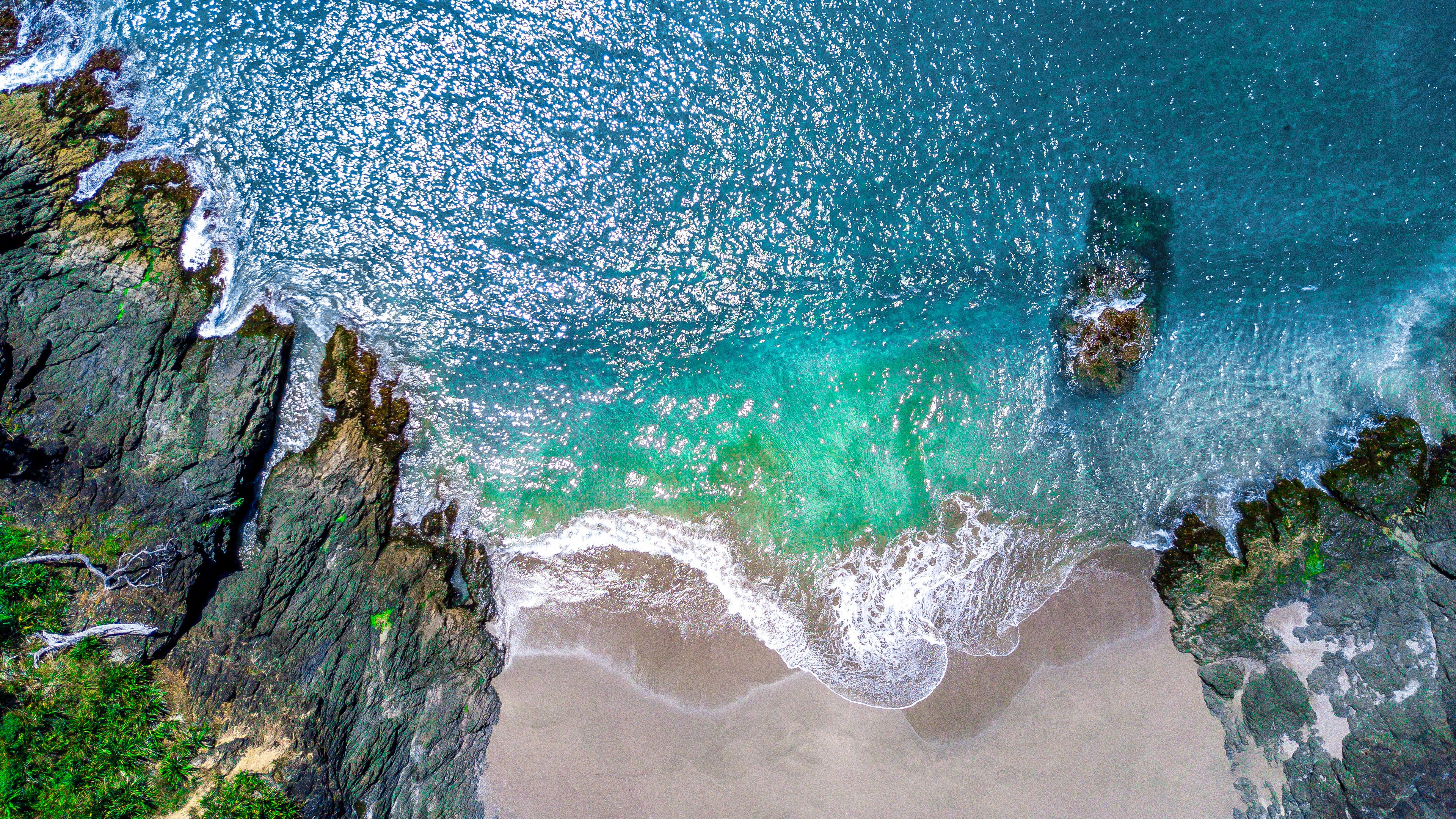 General 3840x2160 top view sand beach rocks waves nature water aerial view