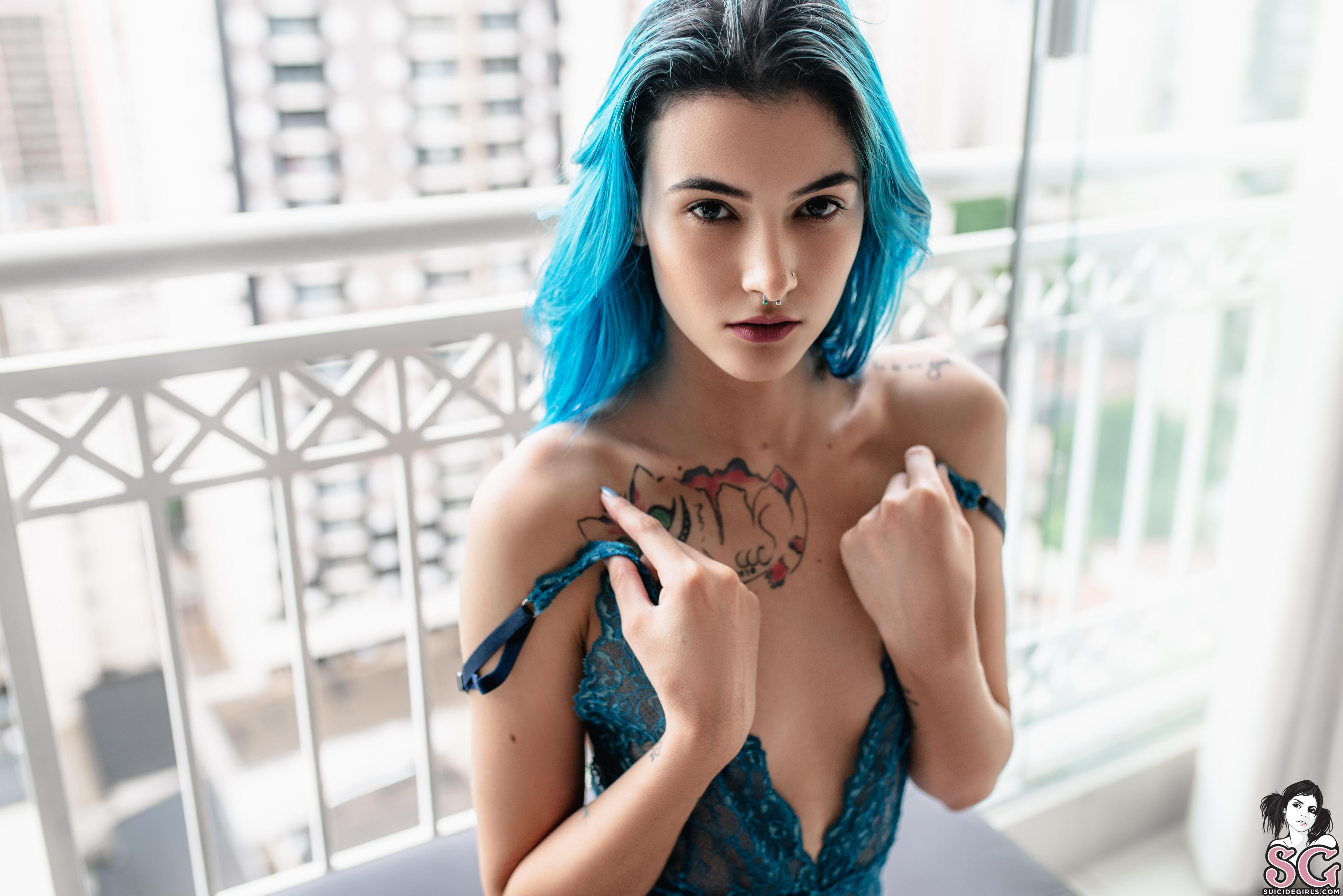 People 4016x2681 Leeandrea Suicide Girls dyed hair blue hair inked girls women indoors model women tattoo face lingerie nose ring depth of field looking at viewer
