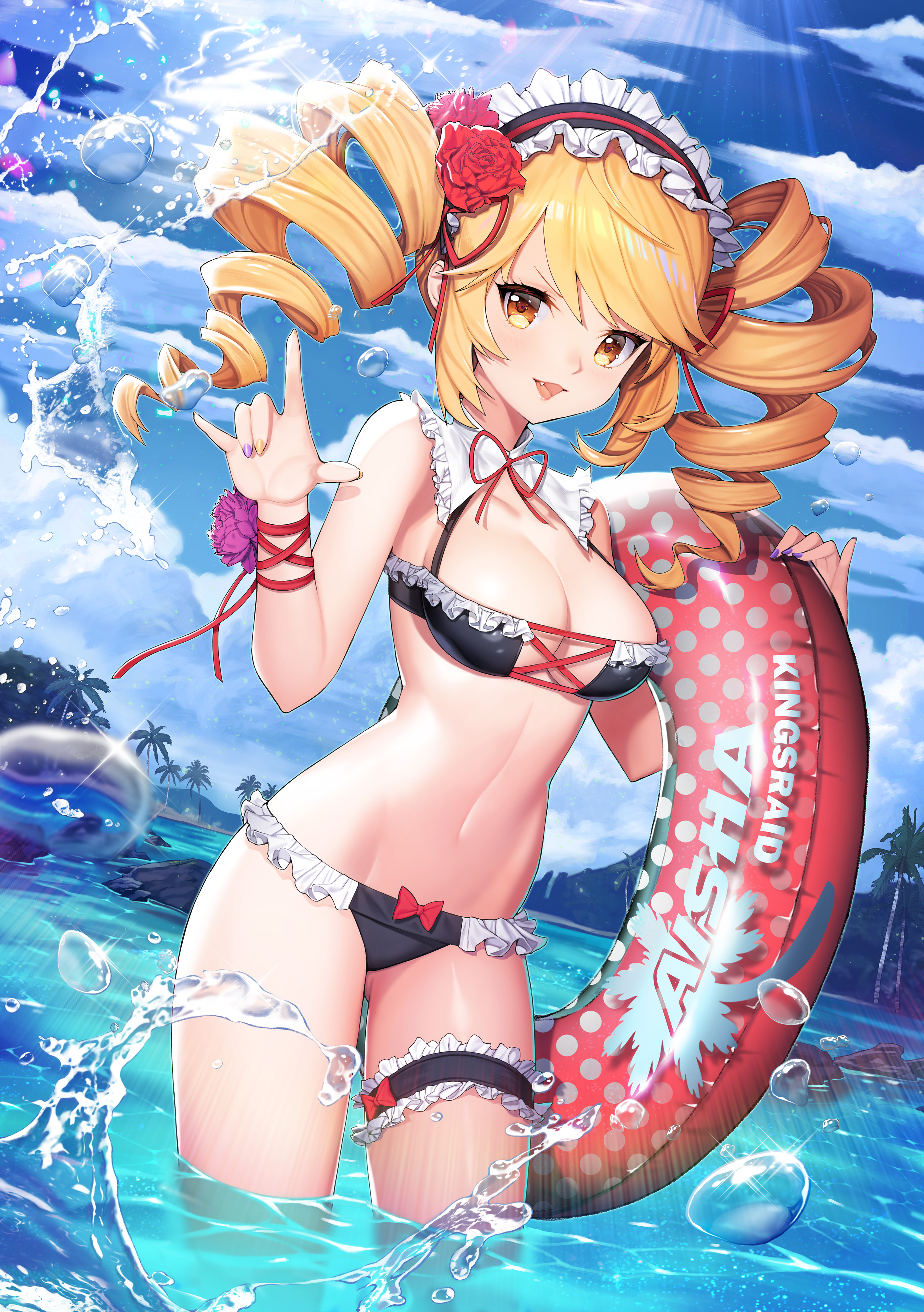 Anime 3000x4259 bikini beach floater drill hair standing in water cleavage hand gesture palm trees water drops water maid bikini open mouth clouds