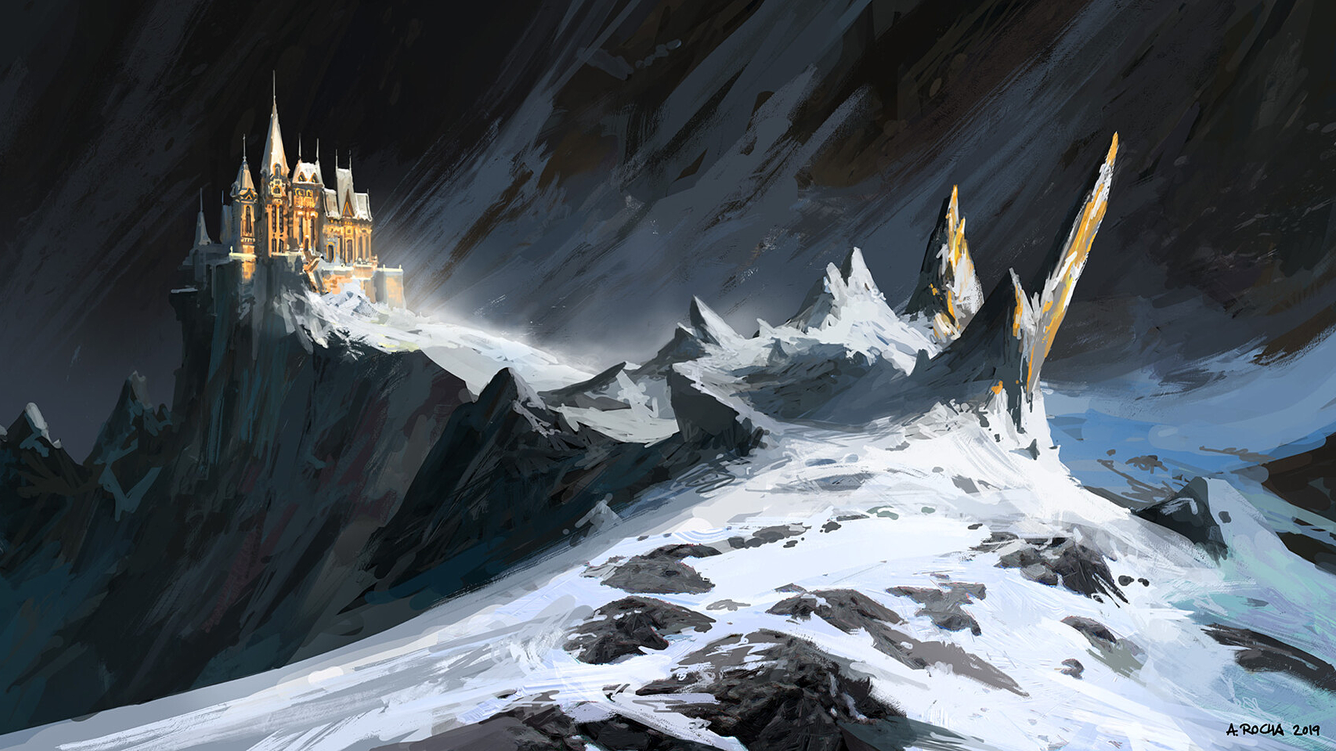 General 1920x1080 Andreas Rocha artwork digital art castle mountains snow stones night landscape