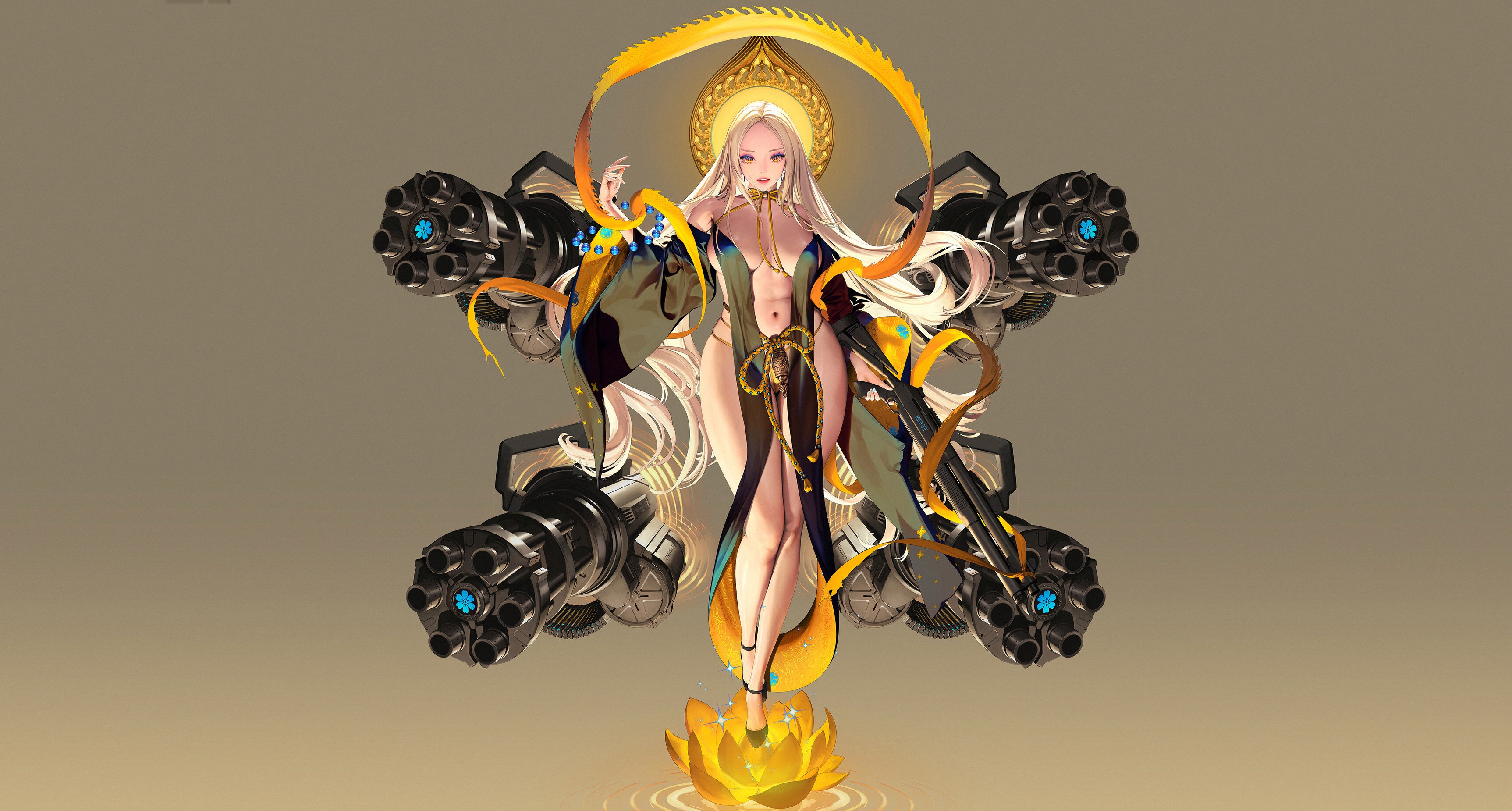 General 3450x1850 fantasy girl fantasy art girls with guns lotus (plant) no bra yellow panties heels black heels panties rosary beads beard Destiny Child parted lips big boobs long hair looking at viewer belly button skimpy clothes thighs wide sleeves stars weapon petals teeth simple background