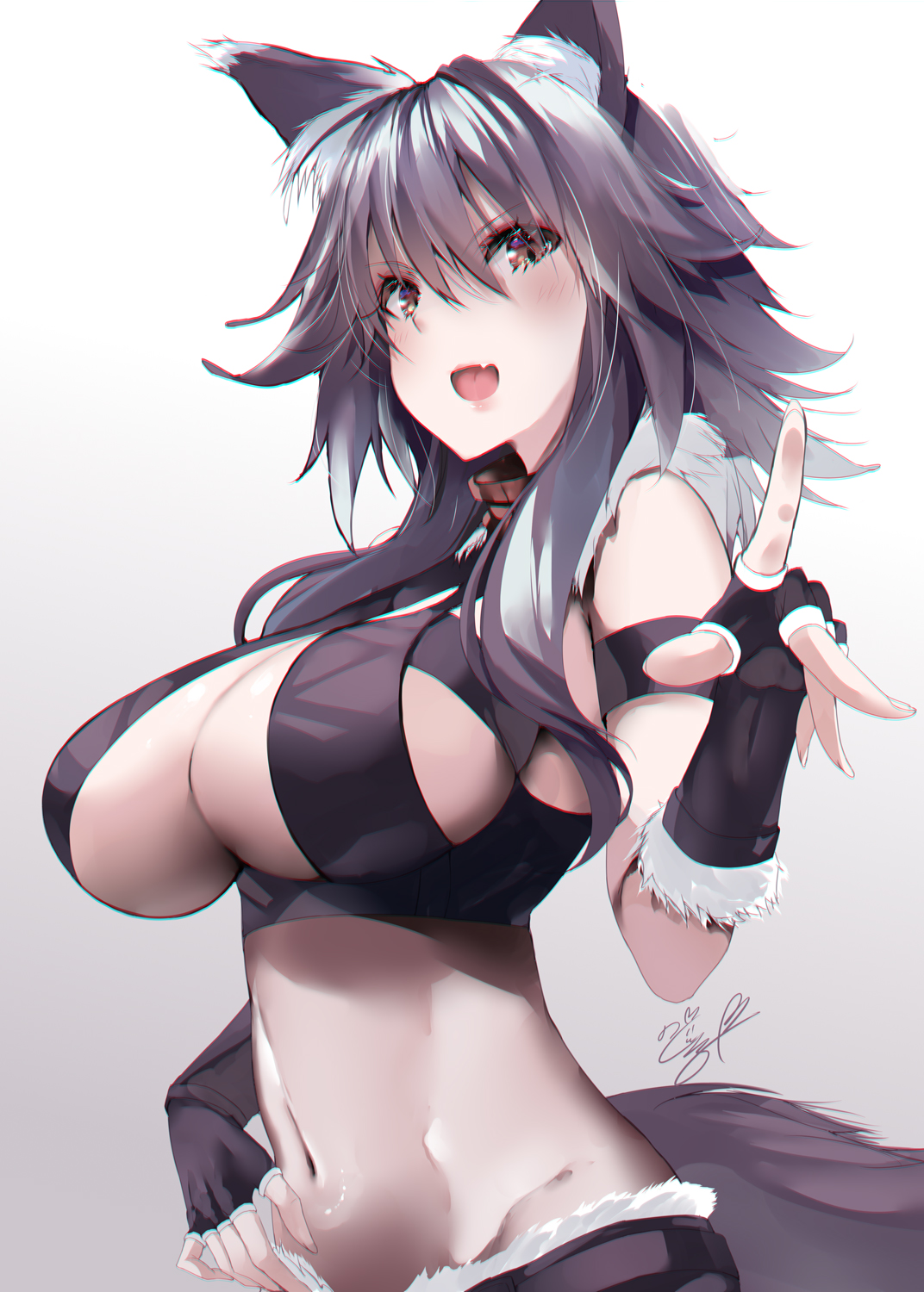 Anime 1072x1500 anime anime girls digital art artwork portrait display hand gesture cleavage big boobs animal ears open mouth belly belly button blushing gloves gray hair wolf girls Princess Connect Re:Dive Makoto (Princess Connect!) Noto Kurumi