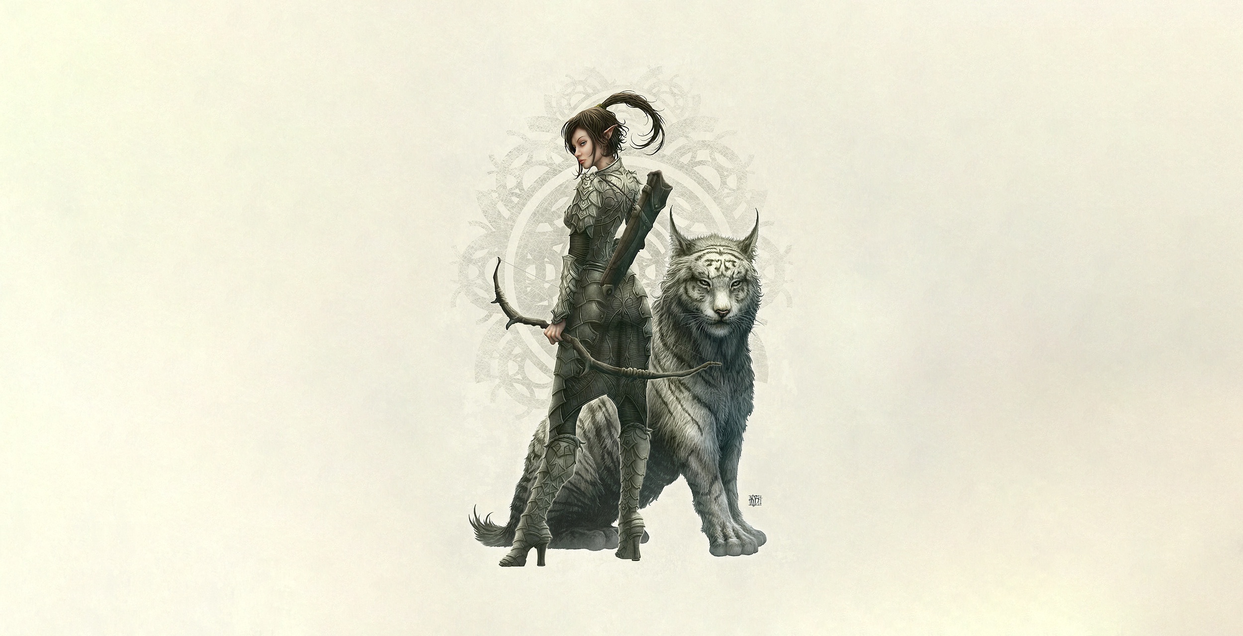General 2500x1280 cats big cats creature simple background white background fantasy art archer fantasy girl artwork pointy ears Kerem Beyit
