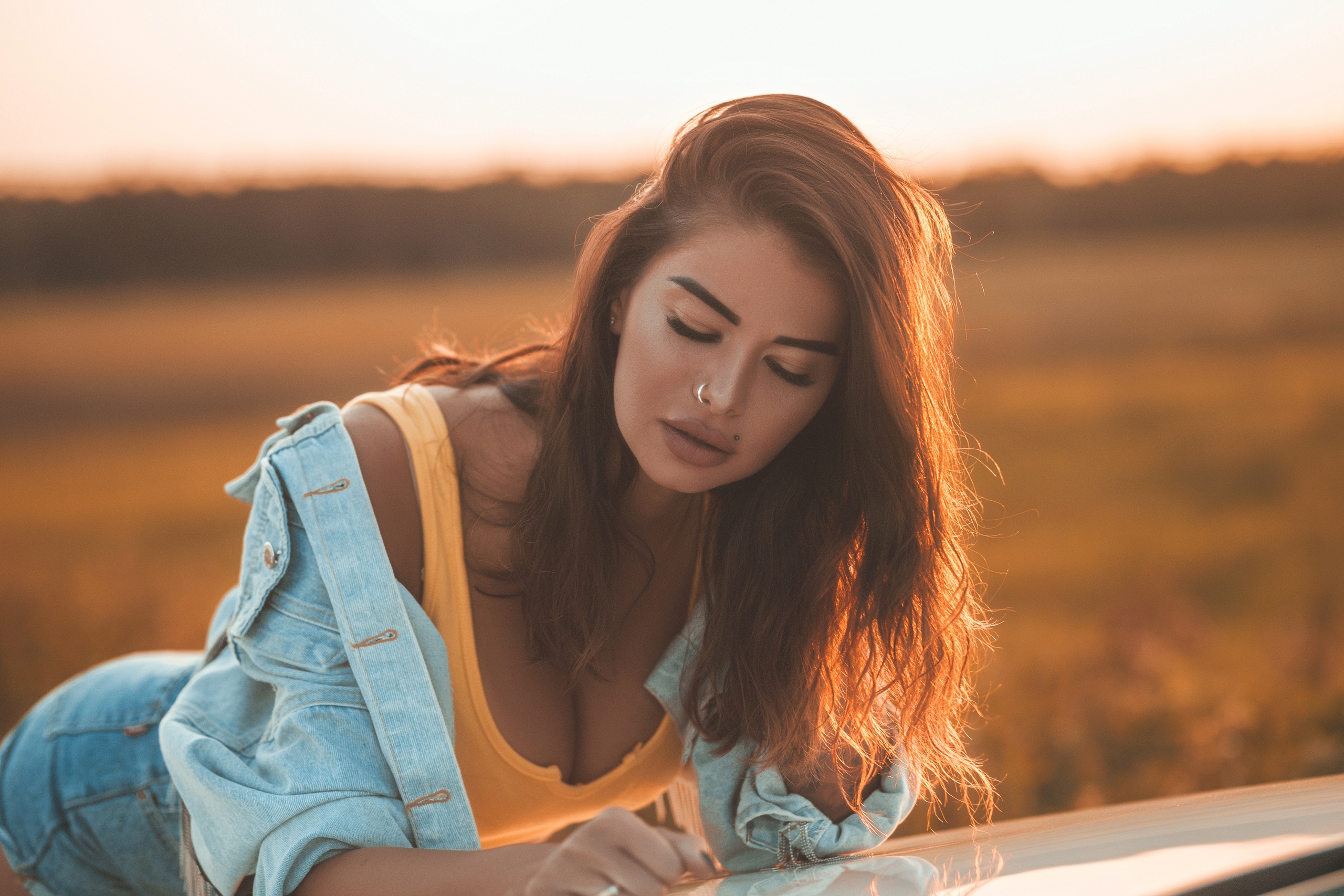 People 2560x1707 women nose ring piercing denim jean shorts tank top juicy lips women outdoors sunset closed eyes brunette women with cars cleavage model