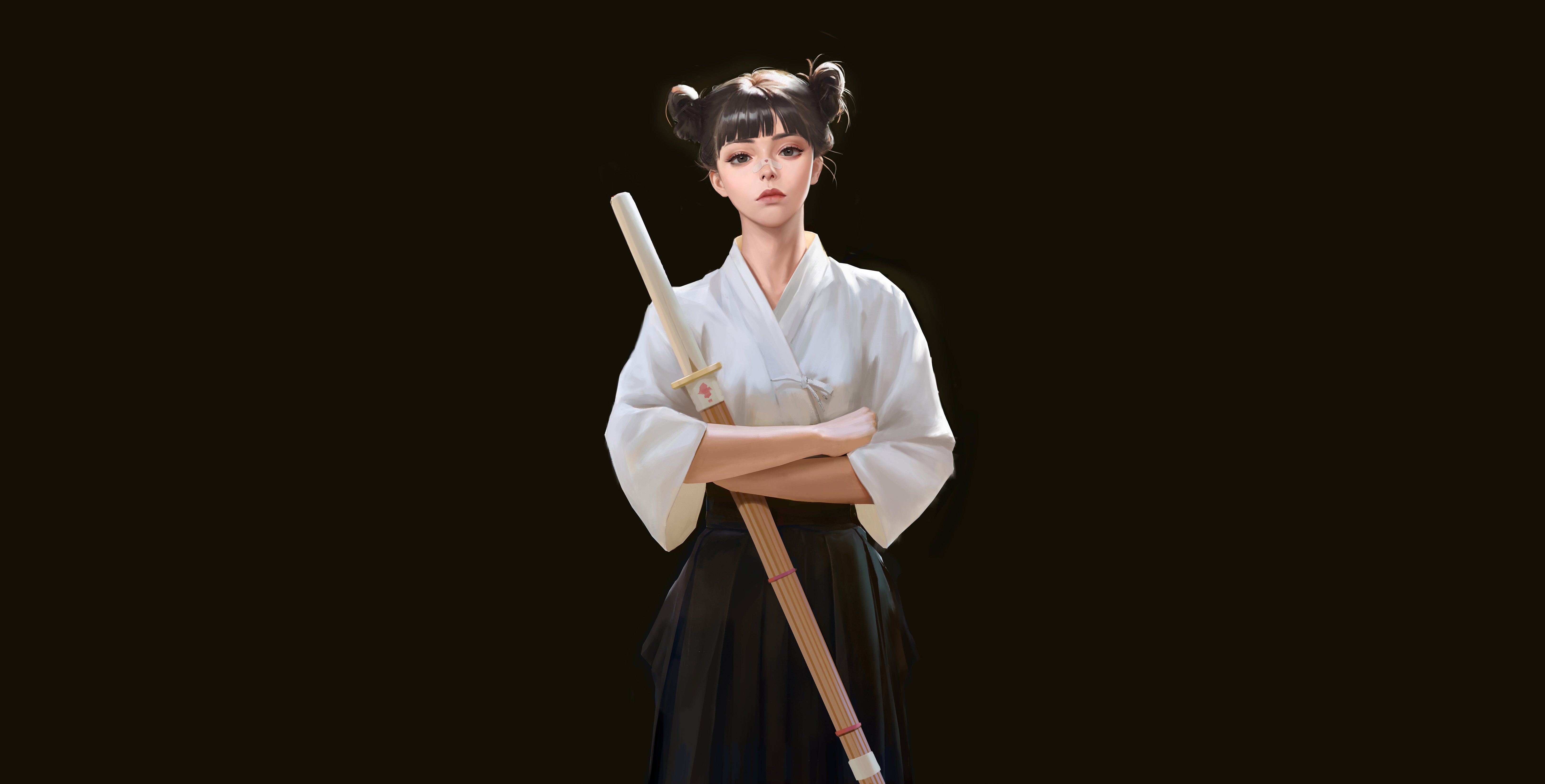General 6500x3300 simple background frontal view dark hair anime girls anime artwork standing short hair black background shinai sword