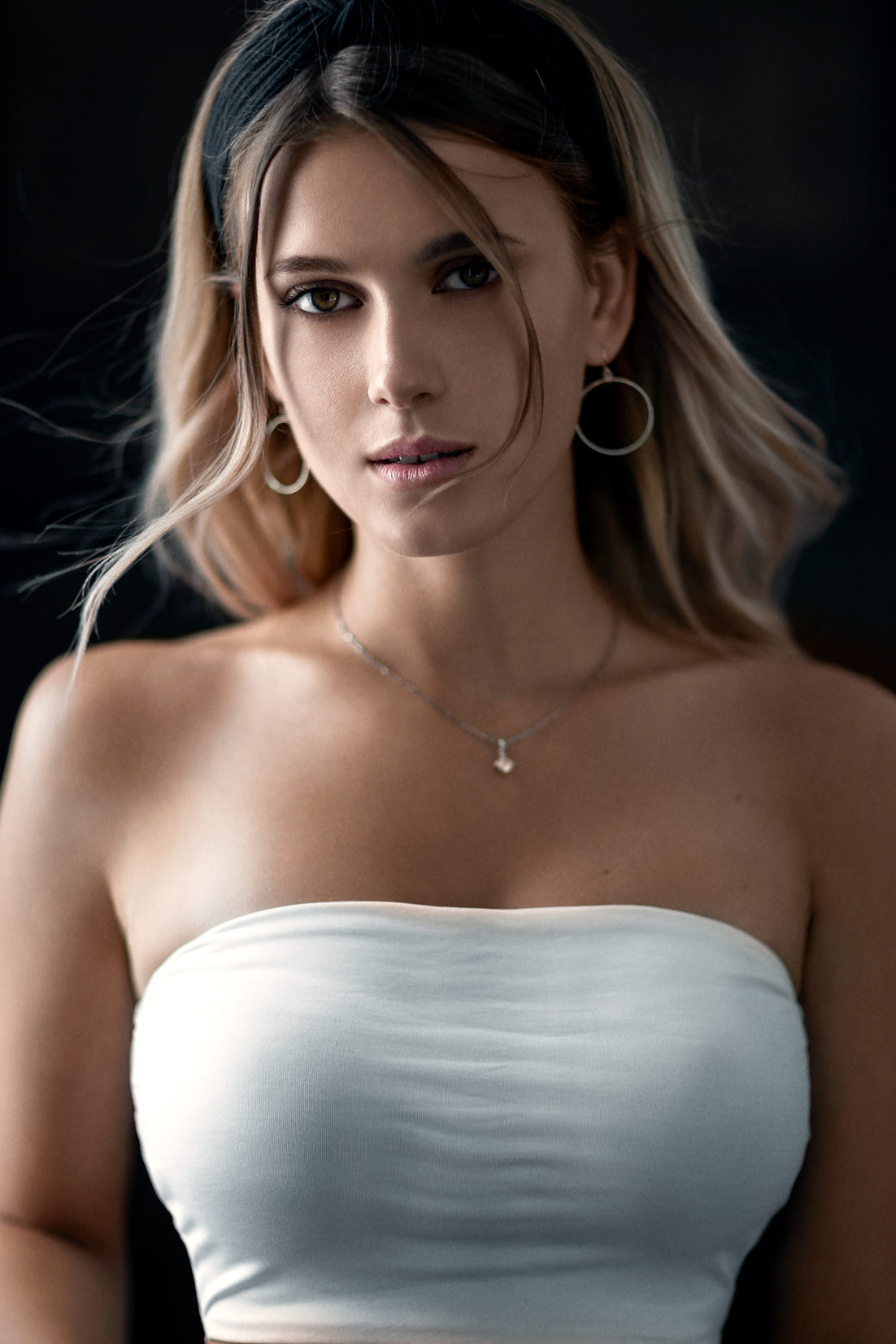 People 1102x1652 Mihail Energy necklace portrait display women face straight hair women indoors model bare shoulders tight clothing blonde looking at viewer bokeh Anya Shmaldaeva