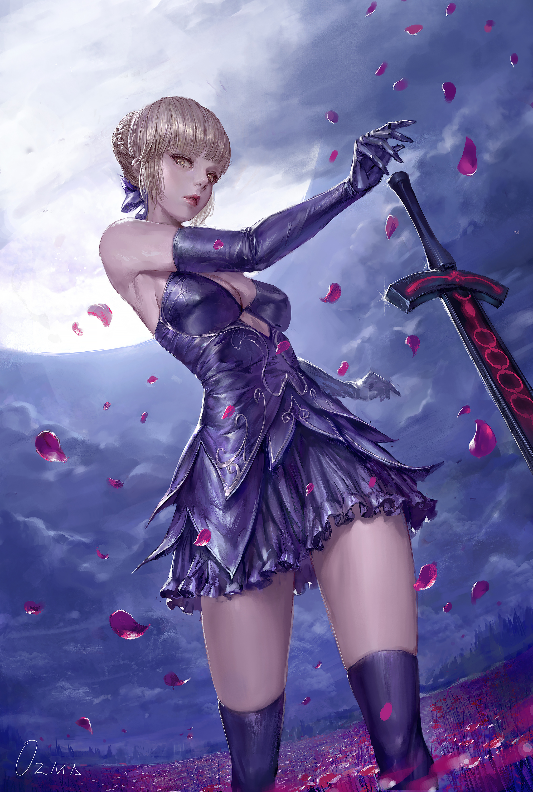 Anime 2022x3000 Fate series Fate/Stay Night fate/stay night: heaven's feel anime girls petals black dress moonlight yellow eyes black stockings Saber Alter Fate/Grand Order Excalibur 2D portrait display blonde Artoria Pendragon