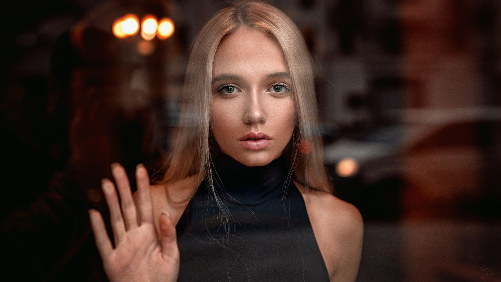 People 1600x900 Georgy Chernyadyev Maria Popova women blonde long hair straight hair glass blouses black clothing portrait behind the glass hands on glass makeup
