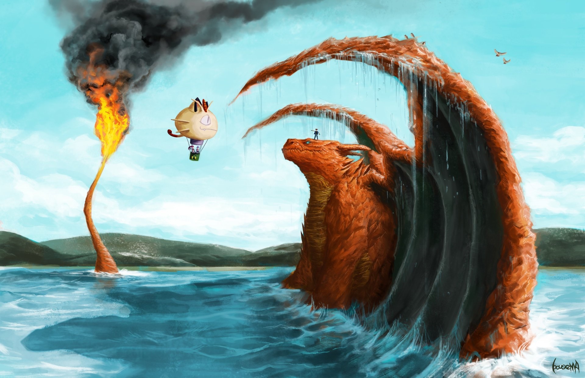Anime 1920x1242 artwork fantasy art Pokémon Charizard fire Meowth sea