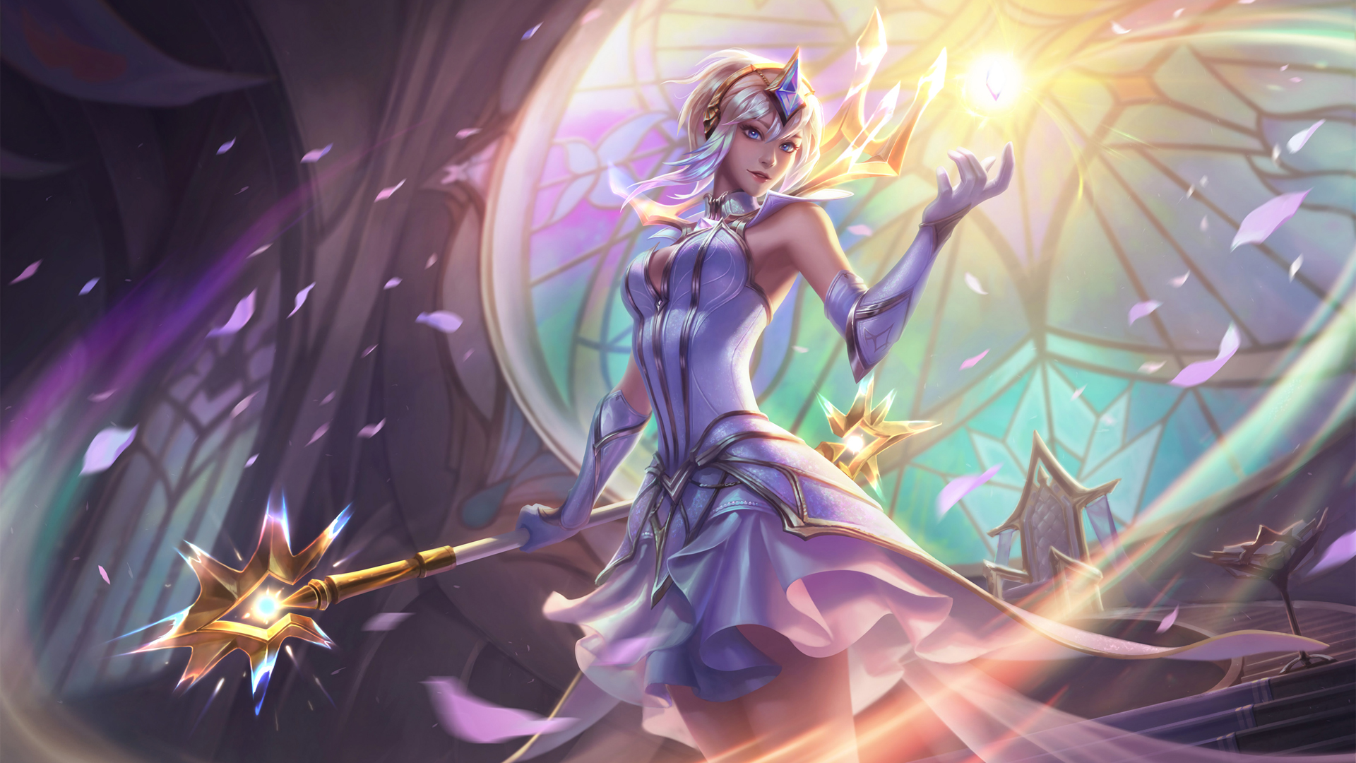 General 1920x1080 video game characters women League of Legends video game girls petals looking at viewer standing Riot Games video games hair between eyes blue eyes gloves stained glass bare shoulders blonde parted lips fantasy art fantasy girl artwork Lux (League of Legends) dress