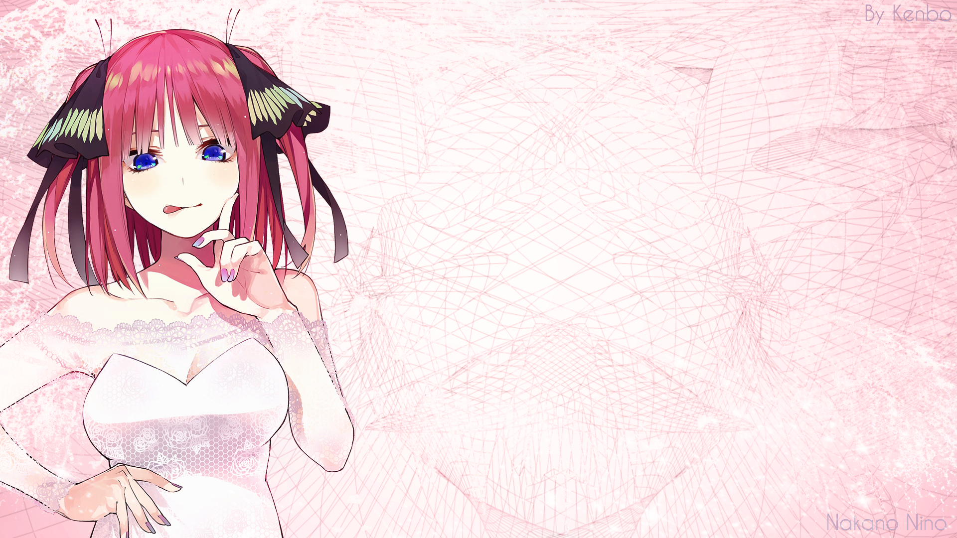 Anime 1920x1080 5-toubun no Hanayome anime girls Nakano Nino picture-in-picture anime purple eyes blue eyes sunglasses dress headband wedding dress white dress redhead pink hair twintails smiling 2D tongue out silhouette