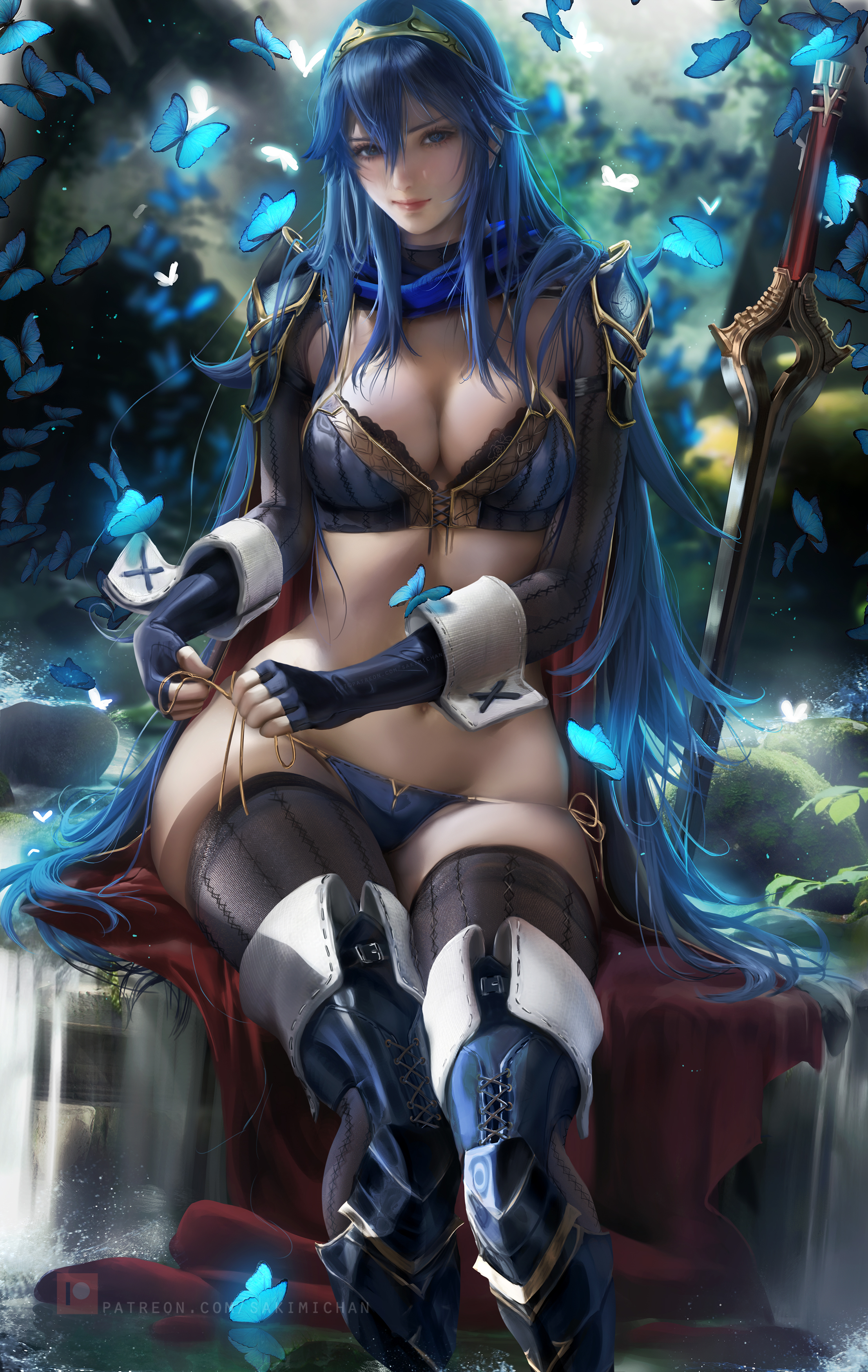 General 2215x3500 women long hair looking at viewer lingerie bra belly panties stockings black stockings sitting fantasy art fantasy girl thigh high boots artwork digital art drawing illustration anime Lucina Fire Emblem Fire Emblem Awakening video games video game characters video game girls sword weapon armor arm warmers thigh-highs underwear butterfly smiling portrait display depth of field waterfall Sakimichan cape