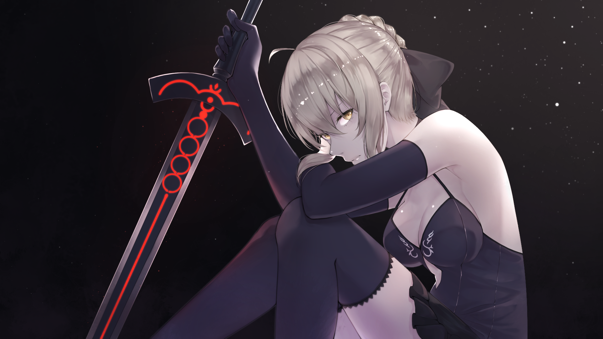Anime 1920x1080 Fate series Fate/Stay Night fate/stay night: heaven's feel anime girls blonde black dress Saber Alter weapon zettai ryouiki yellow eyes elbow gloves sword cleavage Artoria Pendragon