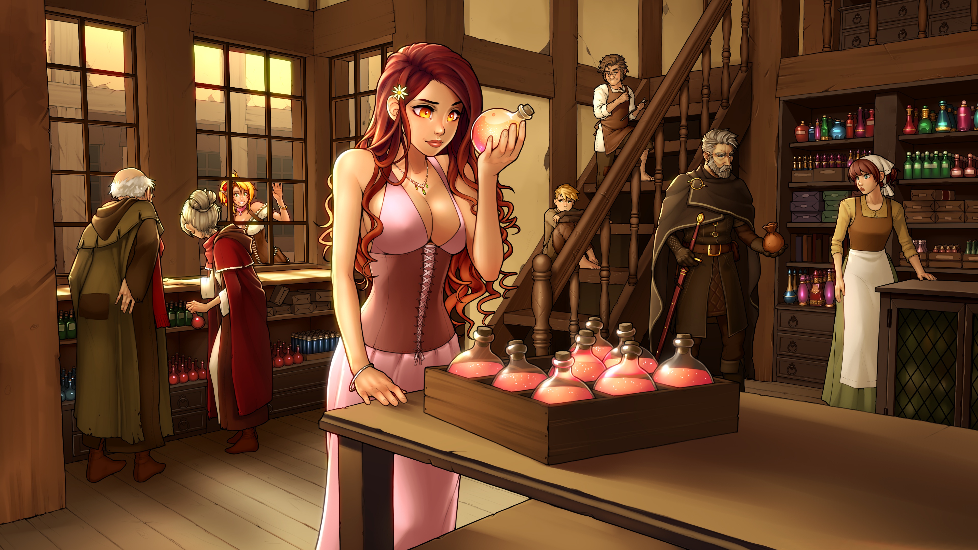 General 3840x2160 fantasy art fantasy girl artwork stores redhead potions RoninDude cleavage