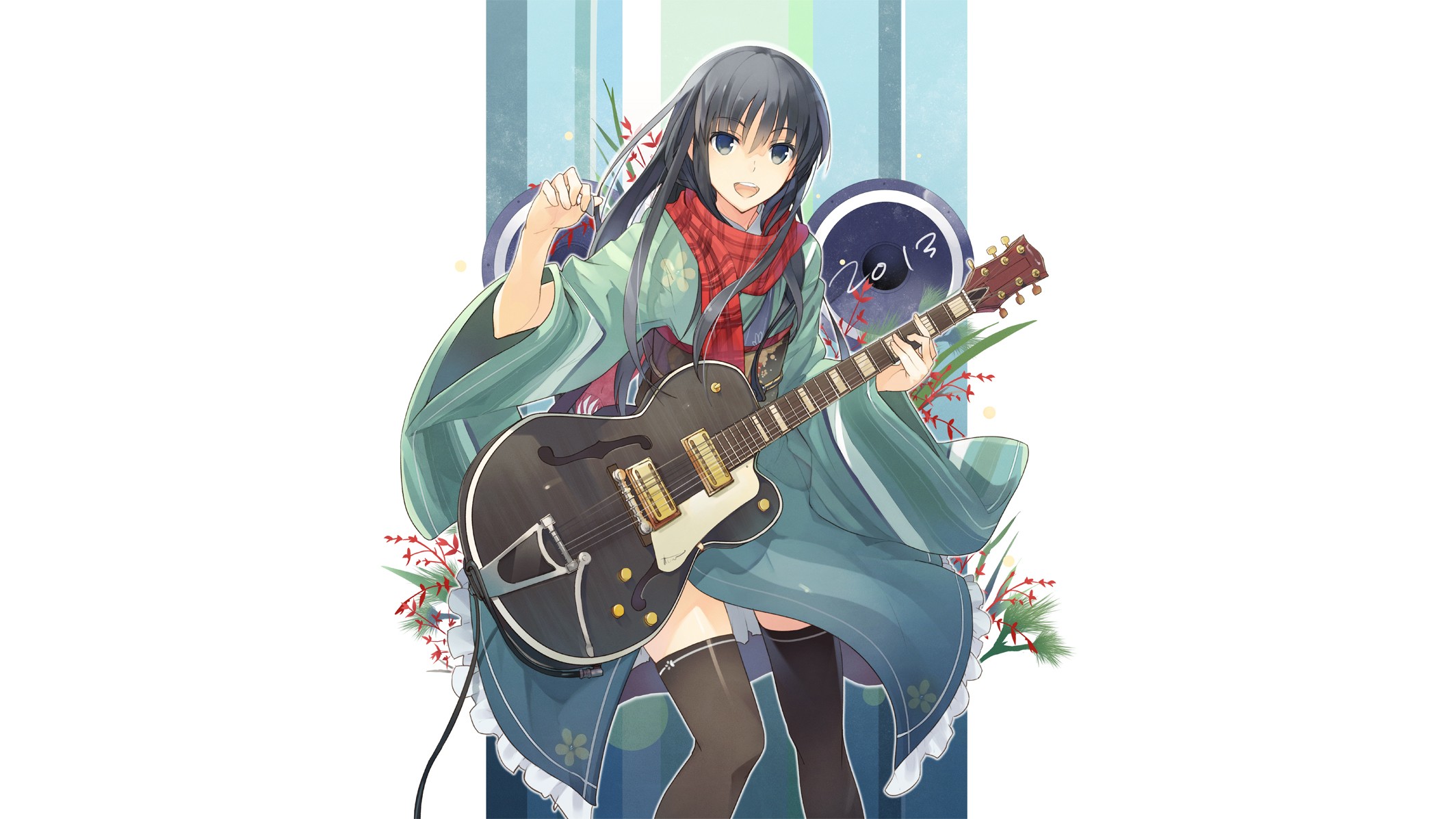 Anime 2128x1197 anime girls simple background original characters thigh-highs guitar long hair black hair blue eyes Japanese clothes traditional clothing scarf flowers