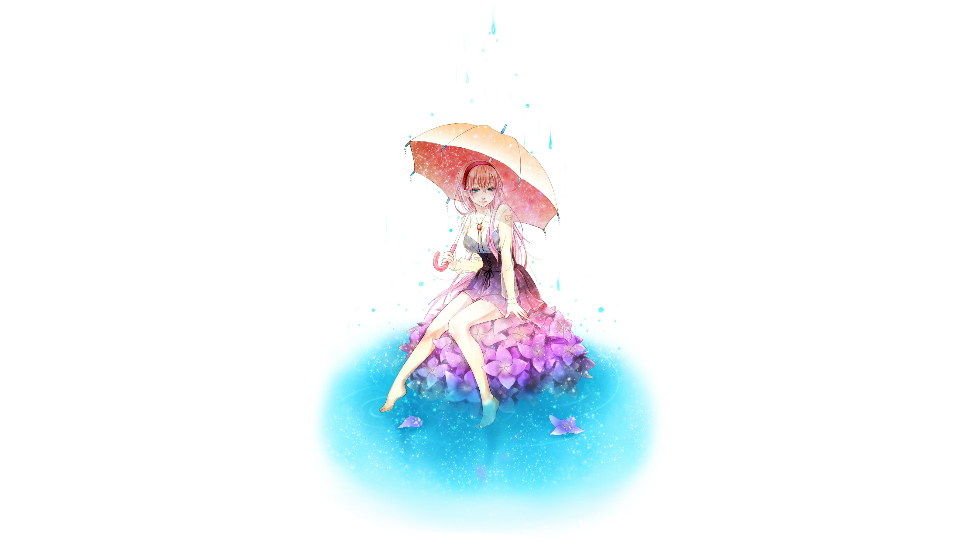 Anime 3200x1800 Vocaloid Megurine Luka anime girls simple background pink hair long hair blue eyes dress sitting umbrella flowers water cleavage