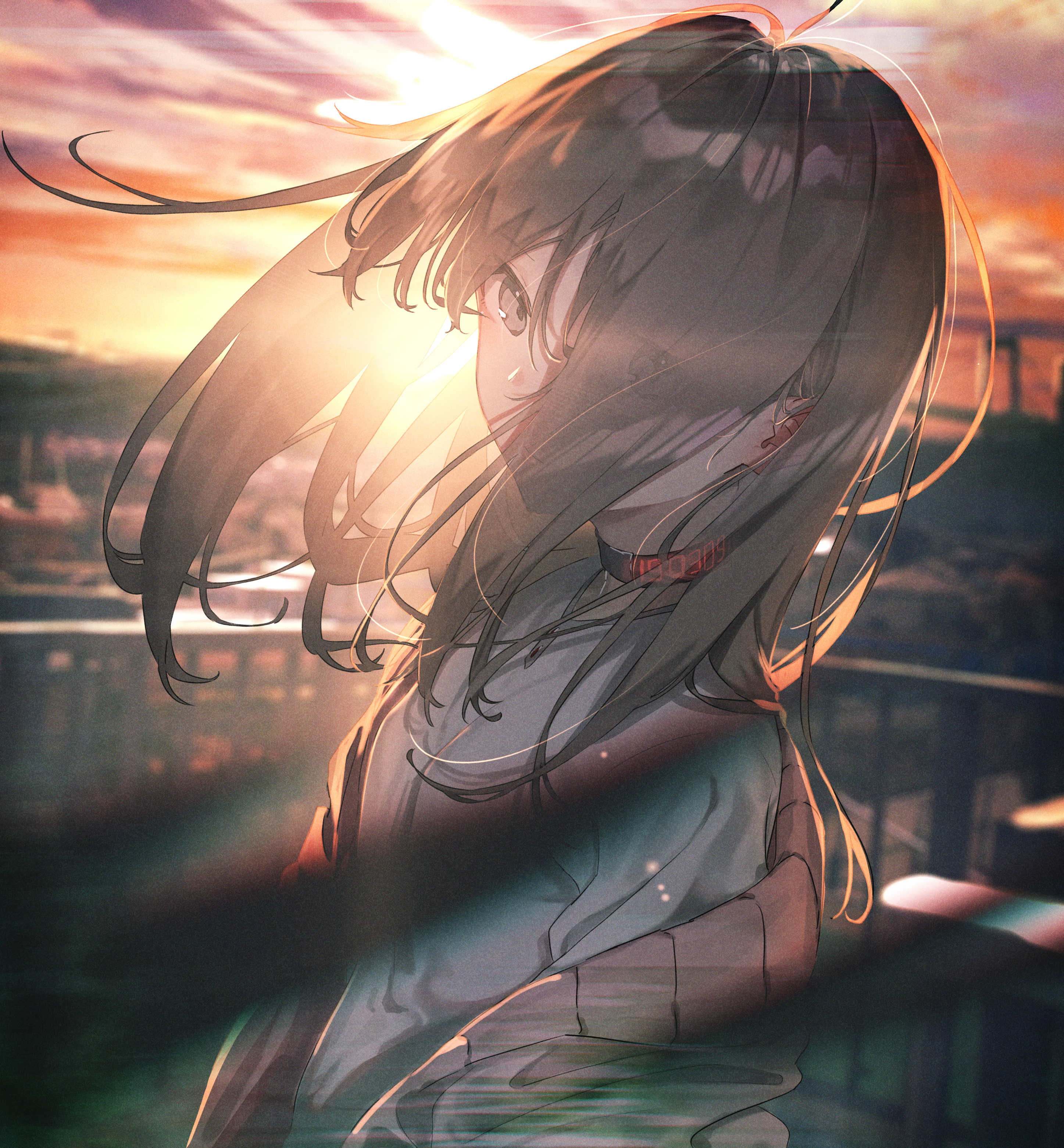 Anime 2894x3123 anime girls original characters brunette long hair hair in face looking at viewer necklace T-shirt sweater artwork digital art drawing illustration 2D portrait backlighting lens flare sunset depth of field Rolua Noa anime