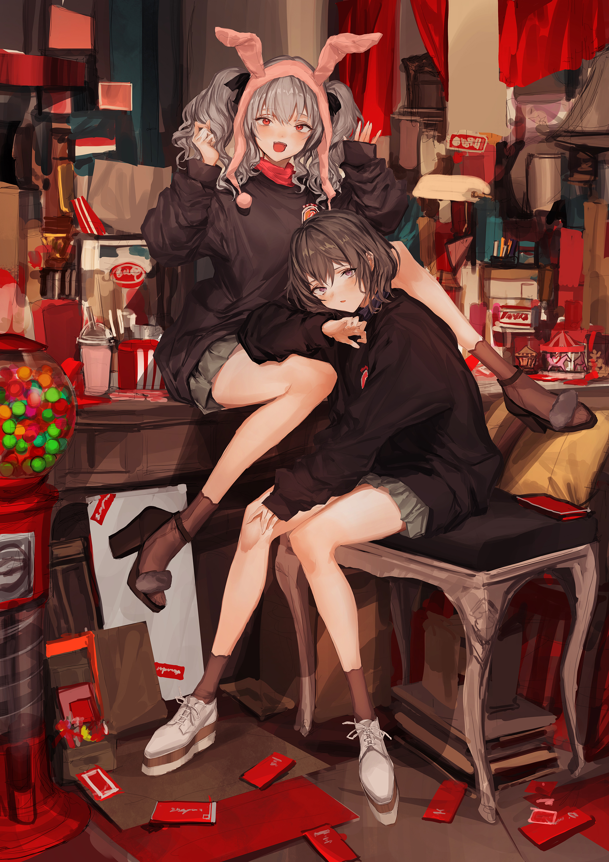 Anime 2000x2829 anime girls anime original characters _LM7_ two women legs sitting looking at viewer bunny ears artwork