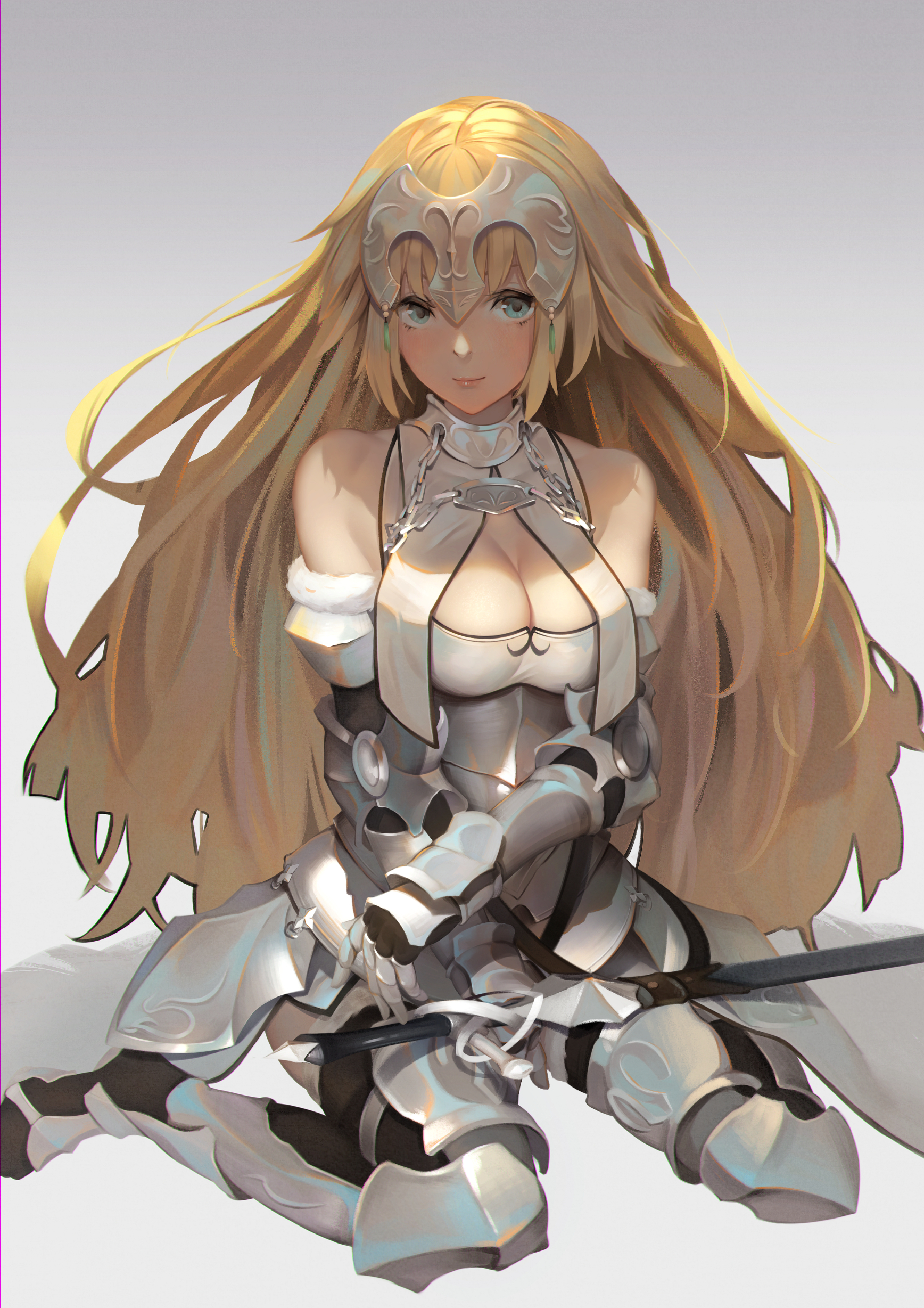 Anime 1736x2456 Fate series anime girls fan art blonde long hair looking at viewer smiling cleavage armor kneeling sword weapon simple background artwork drawing digital art 2D Chika Toriumi blushing anime Fate/Apocrypha  Jeanne d'Arc (Fate)