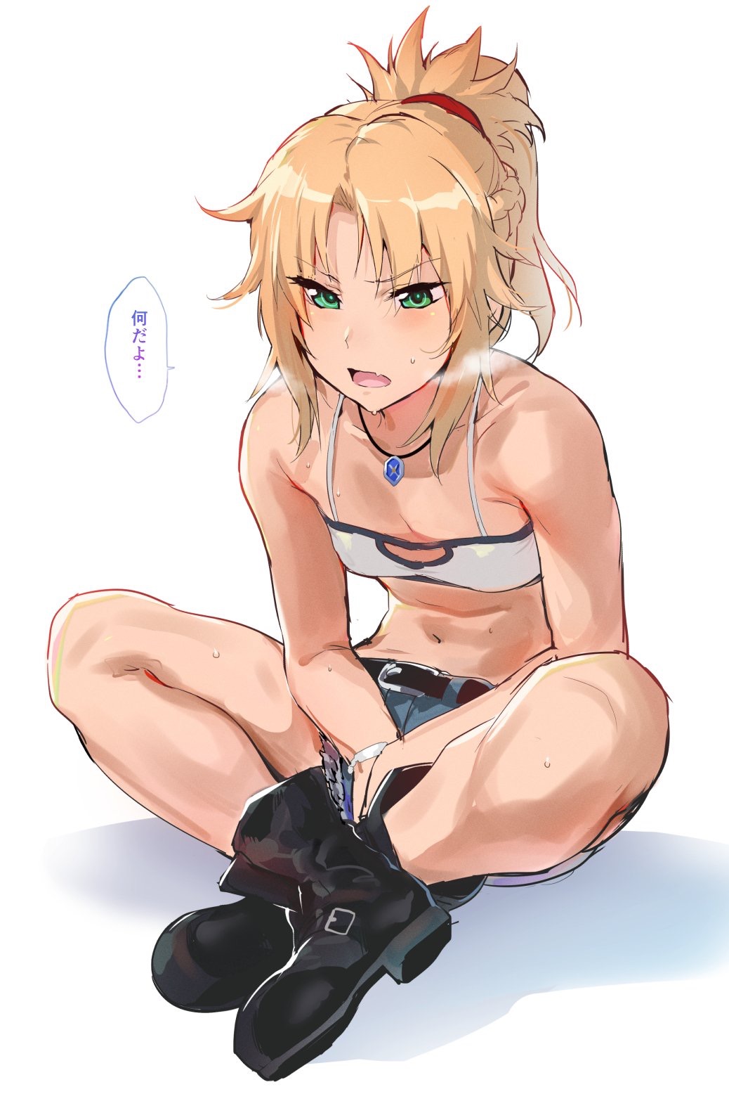 Anime 1038x1566 anime girls Mordred (Fate/Apocrypha) simple background Fate/Grand Order Fate series Fate/Apocrypha  small boobs no bra thigh high boots jean shorts open mouth ponytail green eyes braids blushing belly button 2D fan art blonde