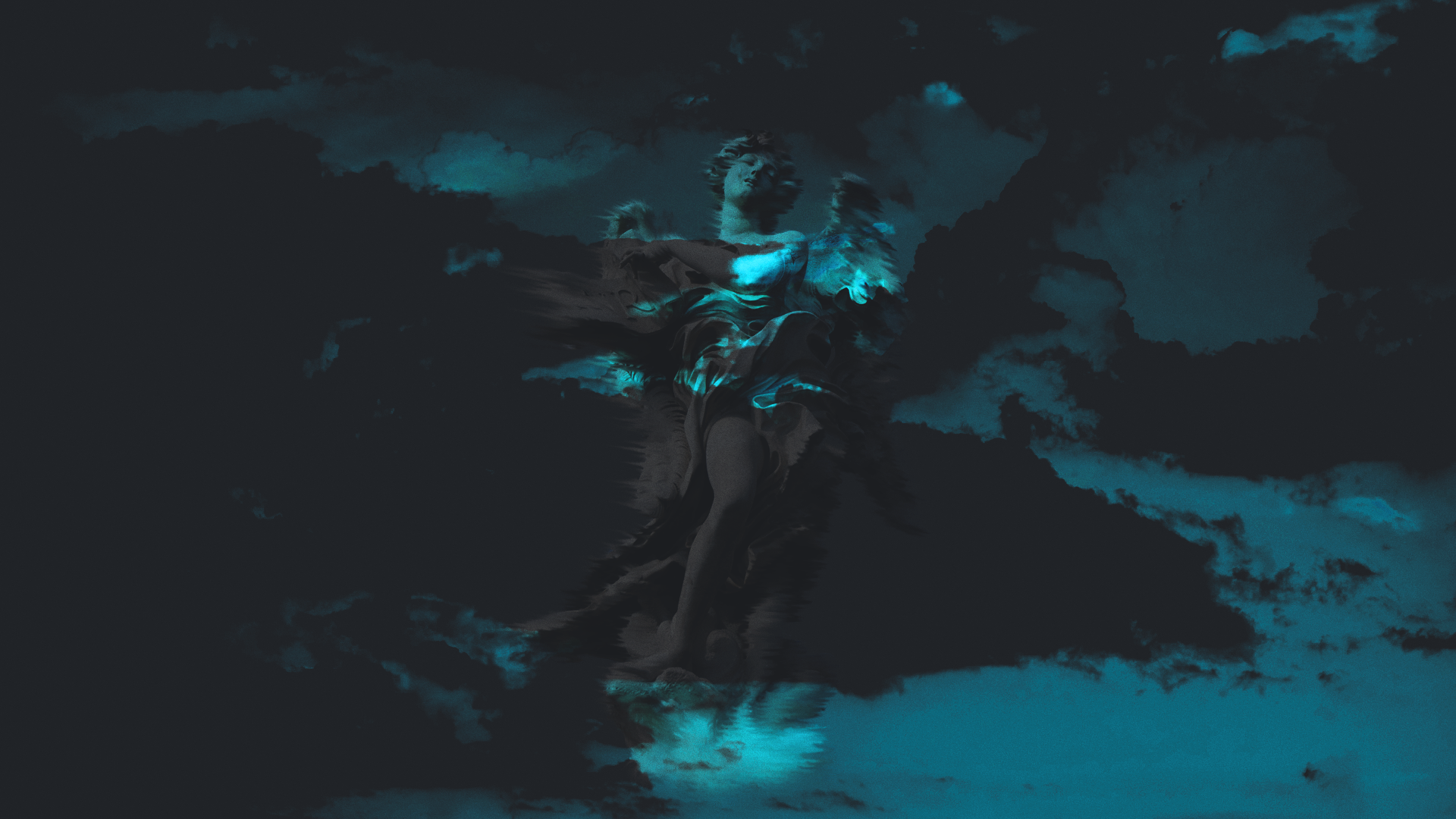 General 1920x1080 statue glitch art digital art dark clouds dark gray turquoise blue