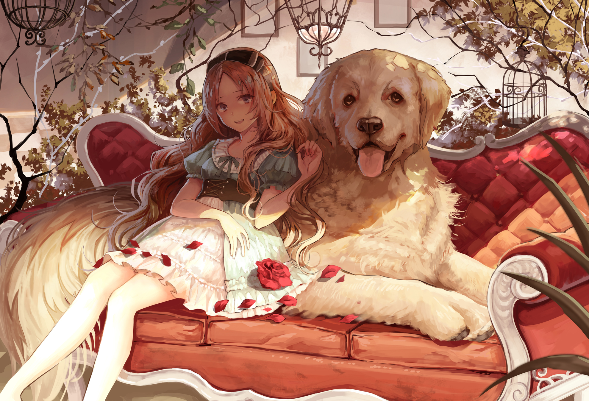 Anime 1979x1347 anime girls original characters women blonde long hair blue eyes smiling looking at viewer dress dog animals pet sitting couch branch cages artwork painting digital painting 2D illustration digital art Mai Okuma anime