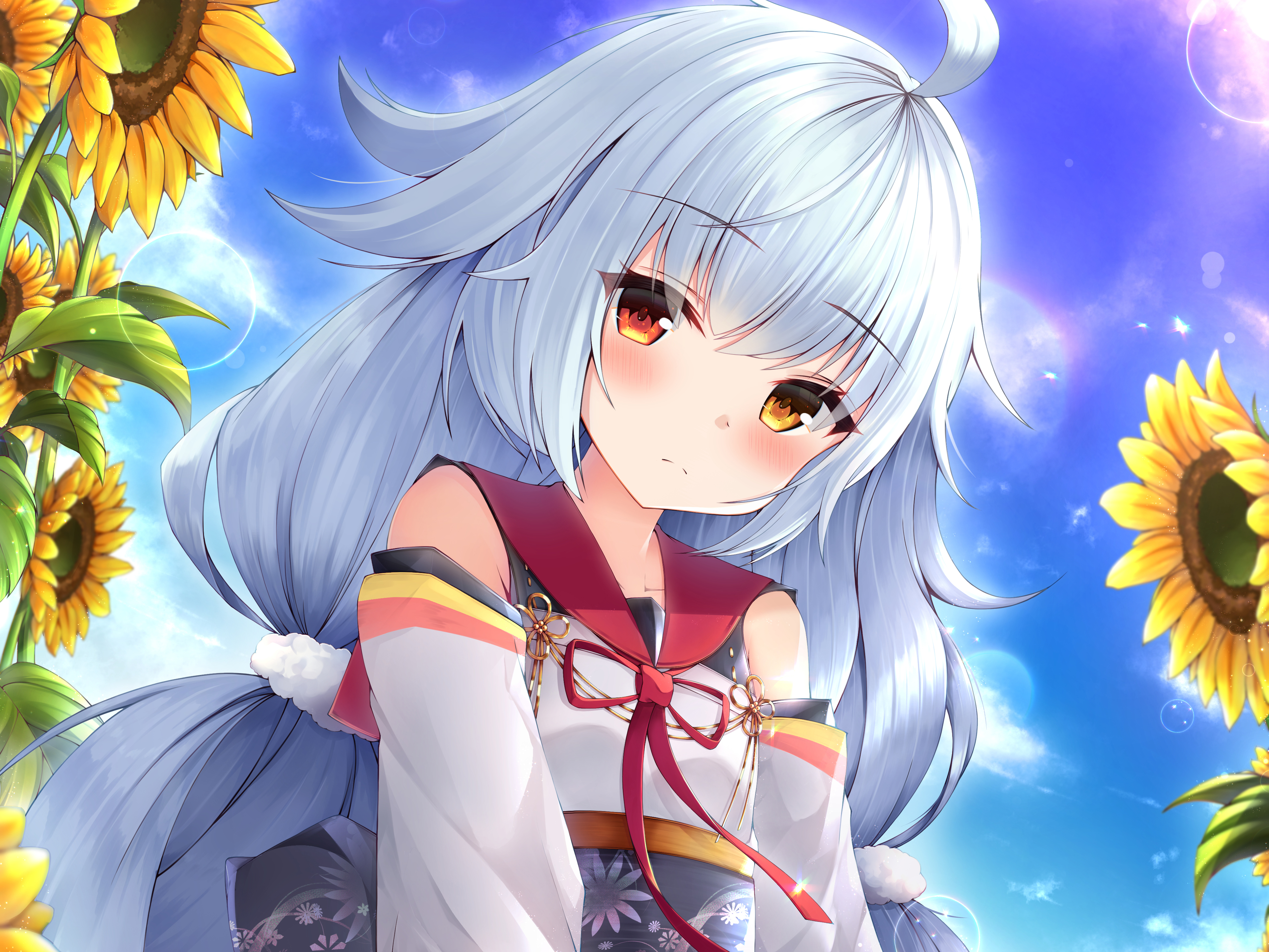 Anime 4000x3000 Azur Lane cyan hair long hair blushing twintails Japanese clothes clouds heterochromia sunflowers sky Nicholas (Azur Lane)