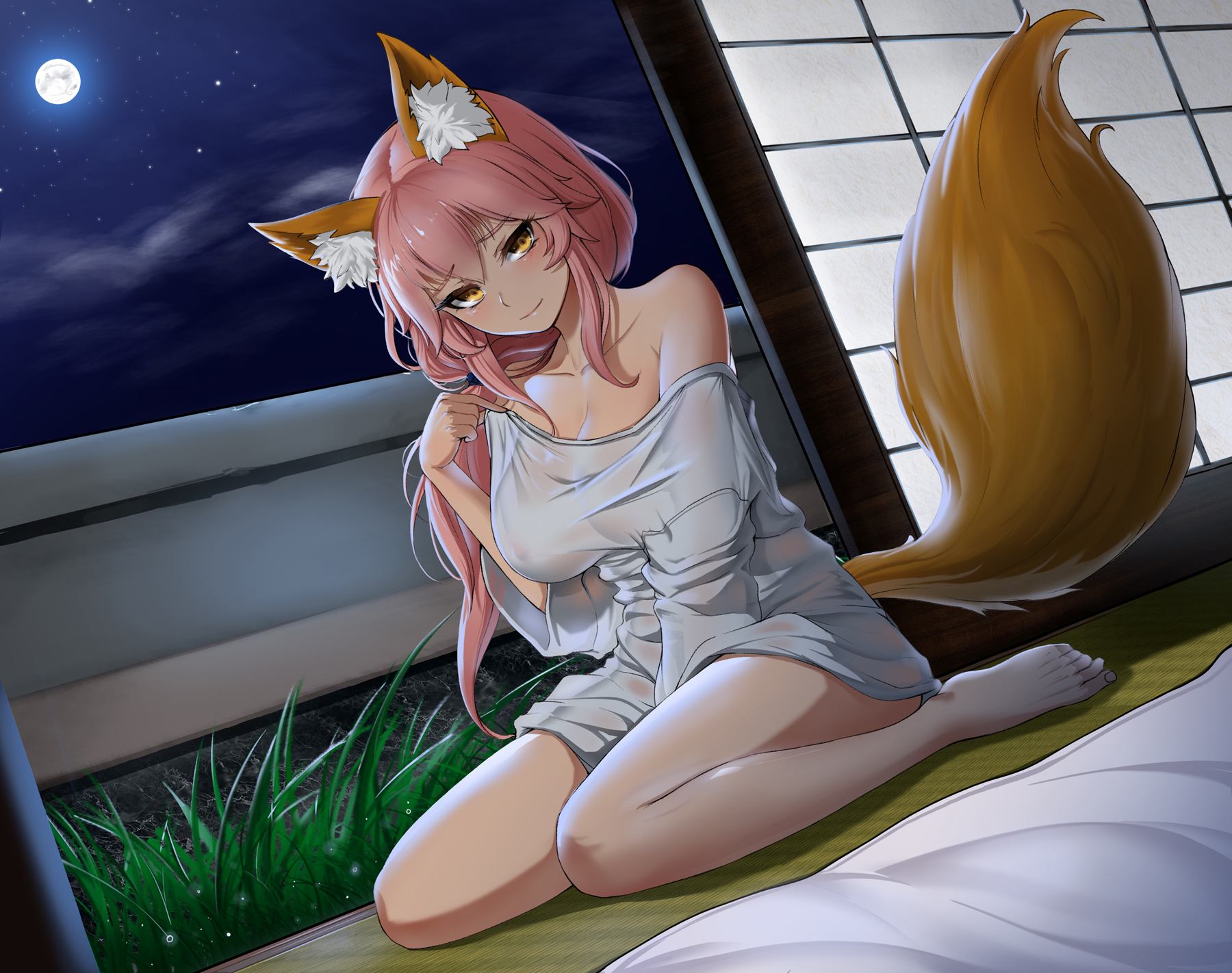 Anime 1800x1422 Tamamo no Mae (fate/grand order) animal ears barefoot bed cleavage clouds tail